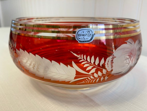 Vintage Bohemia Ruby Crystal bowl, Gold bands cut to clear floral design