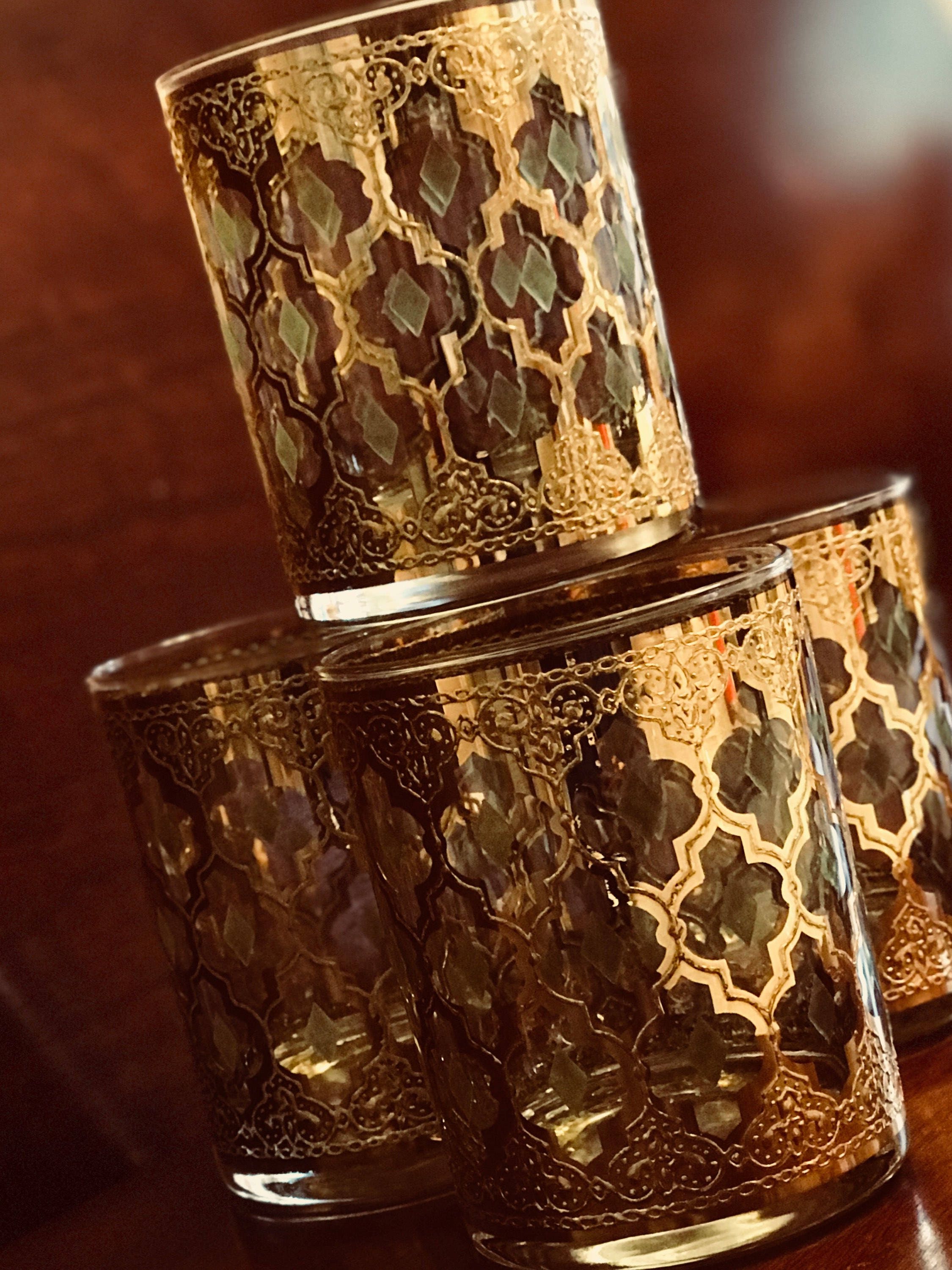 Vintage Culver Glasses, Valencia 22k Gold Embossed Glasses, Green Jewel