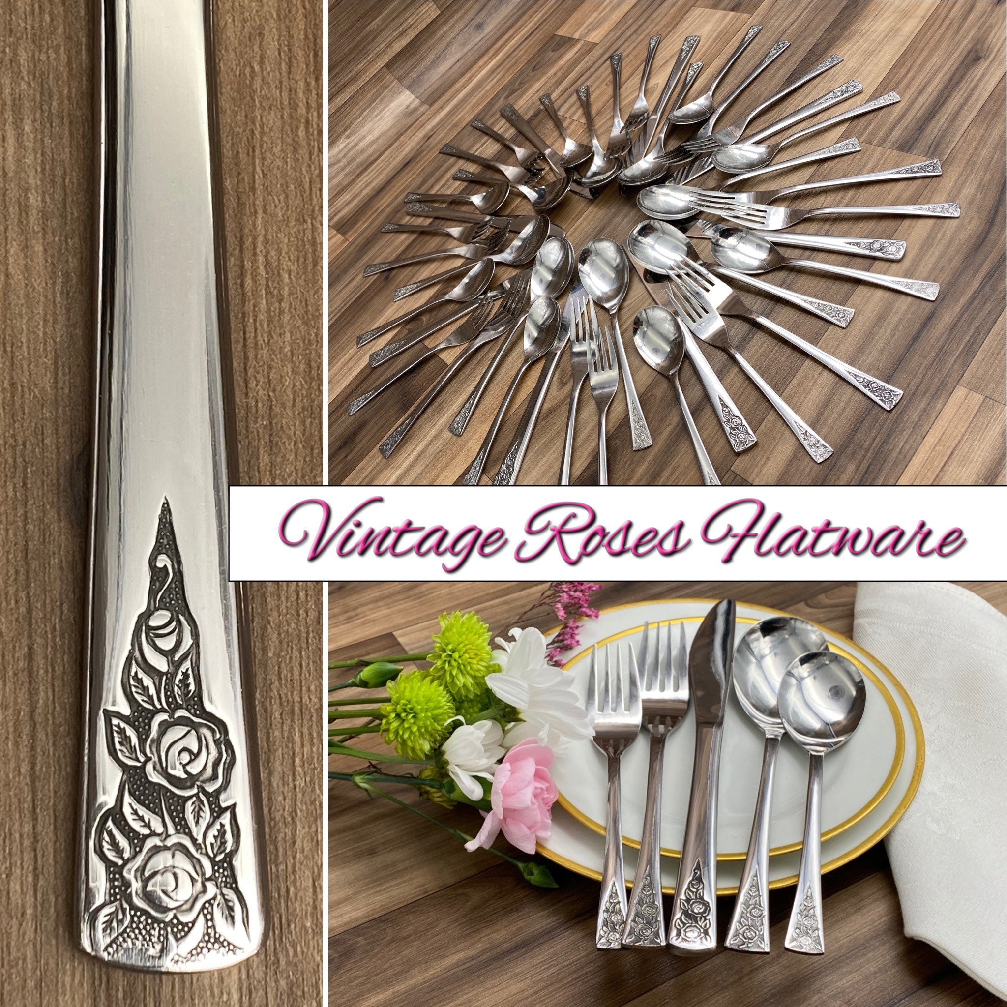 Vintage Stainless Flatware Set Rose pattern Service for 8 Classic