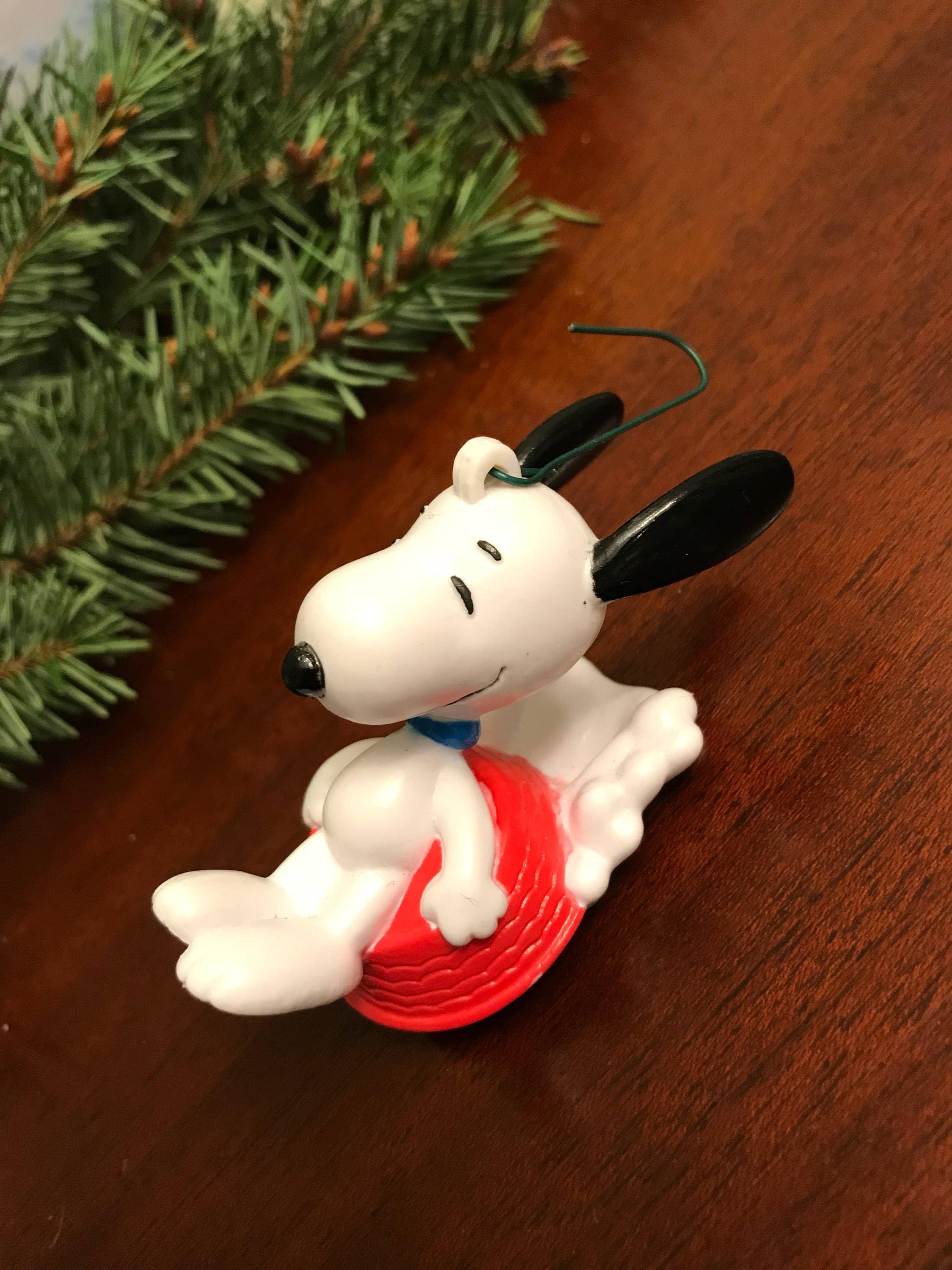 Vintage Snoopy Ornament, Sledding Snoopy, Peanuts figurine, Snoopy