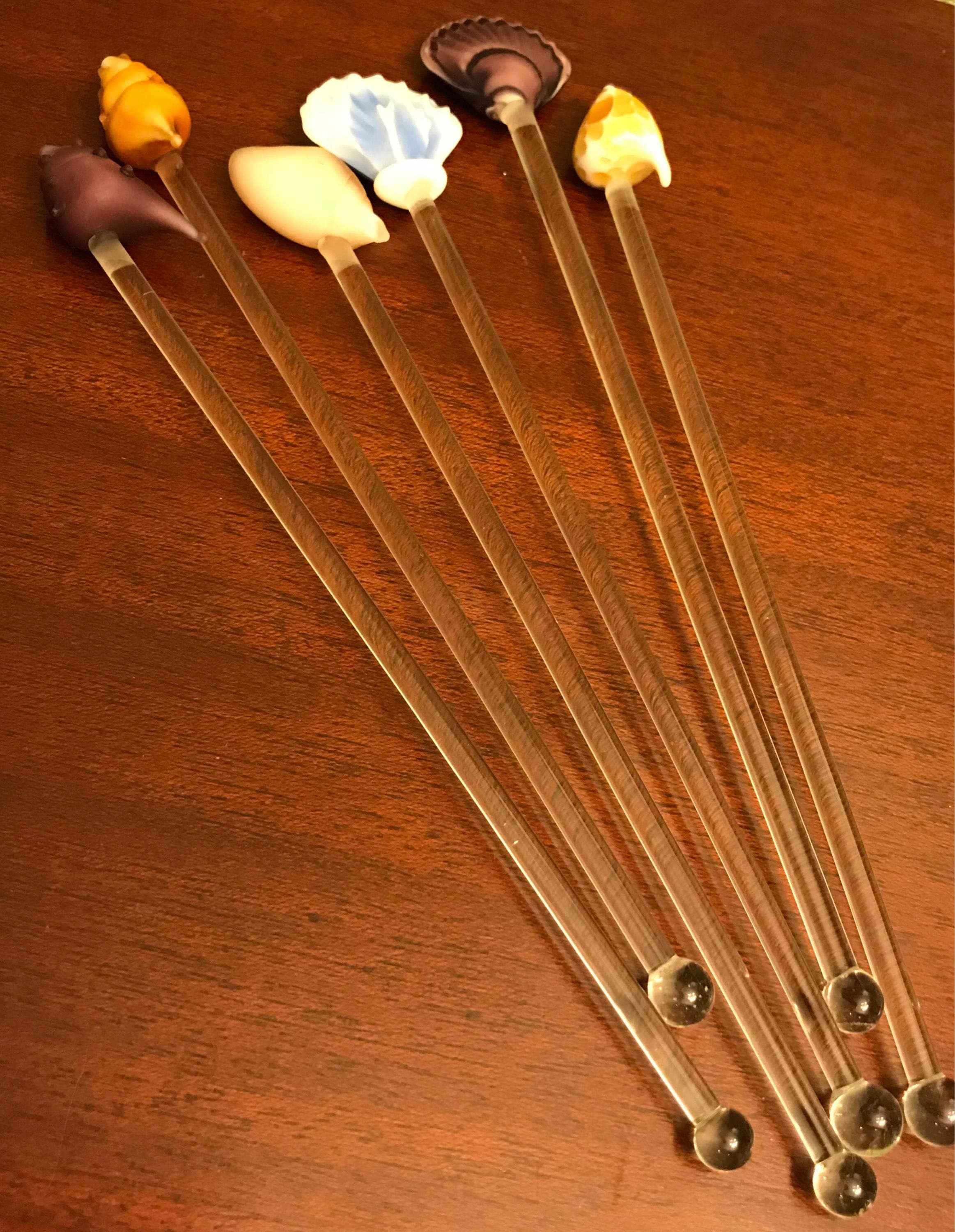 Shell Shaped Glass Swizzle Sticks, Glass stir sticks, Beach themed