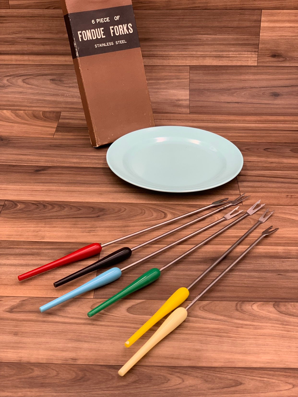 Vintage Fondue Forks, Retro Colored Plastic handles stainless steel