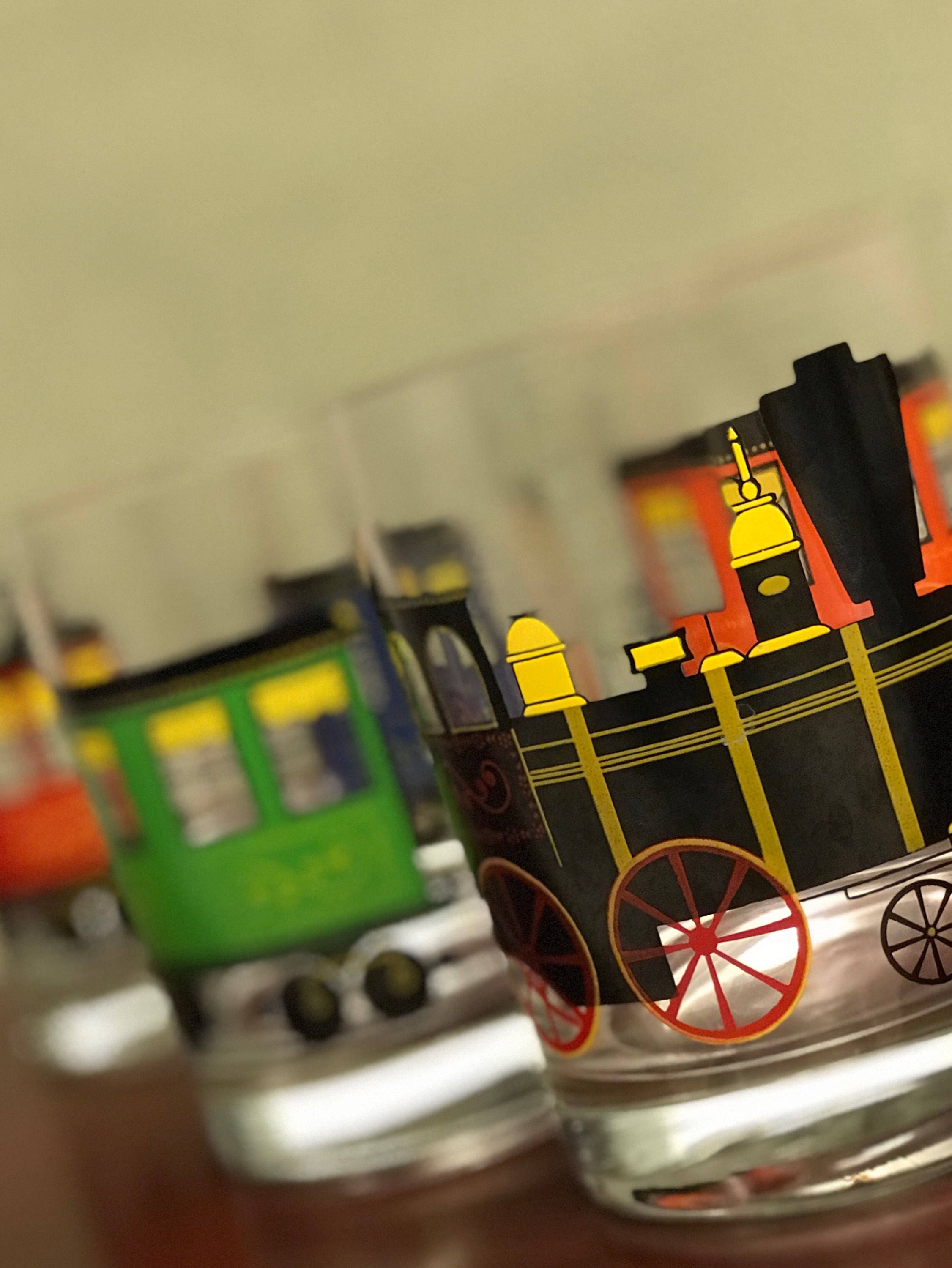 Rare Cera Train Glasses, Mid Century Cera Glasses, Cera Get On Board