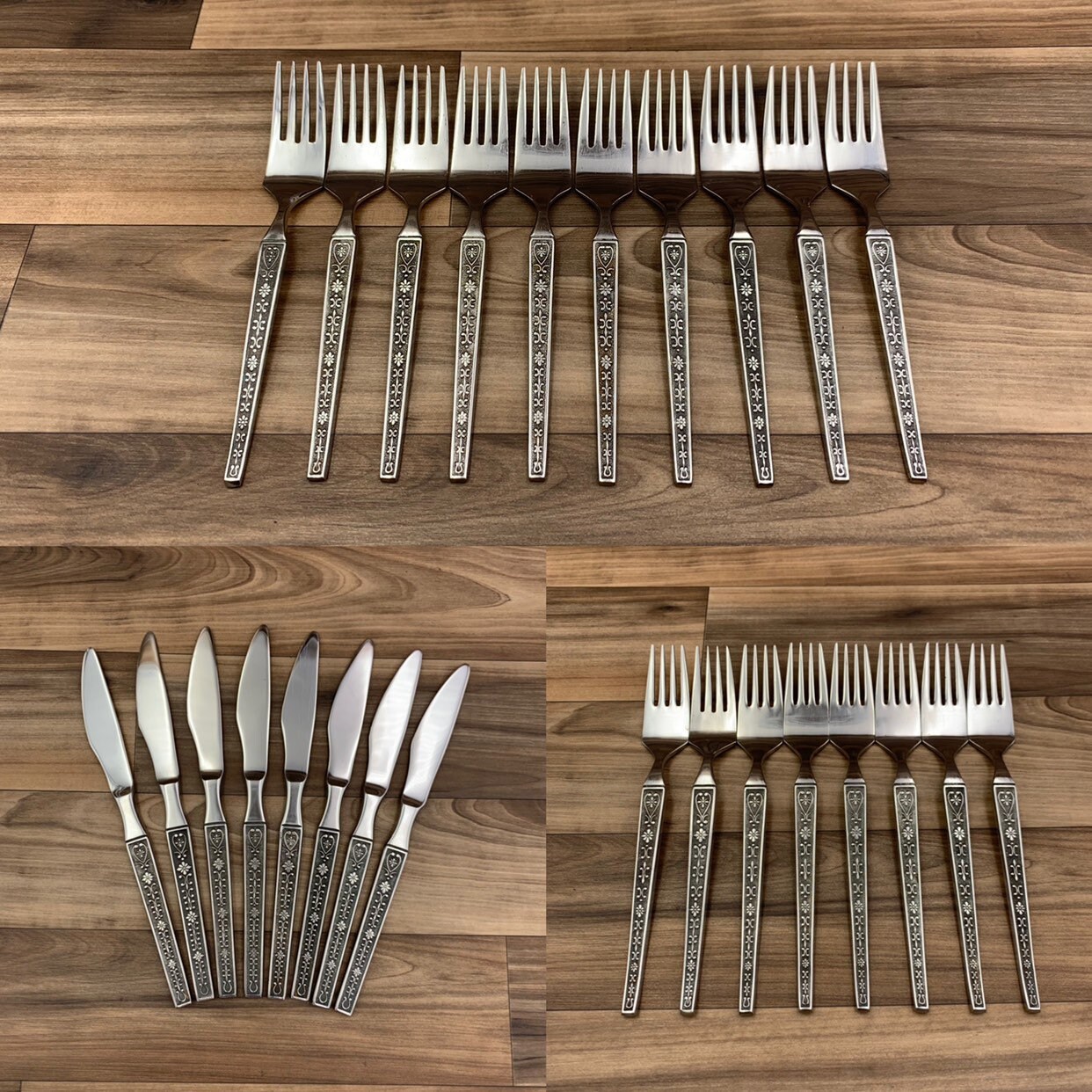 Mid Century Stainless Flatware set Cordova by Riviera Floral scroll handle MCM Flatware Vintage