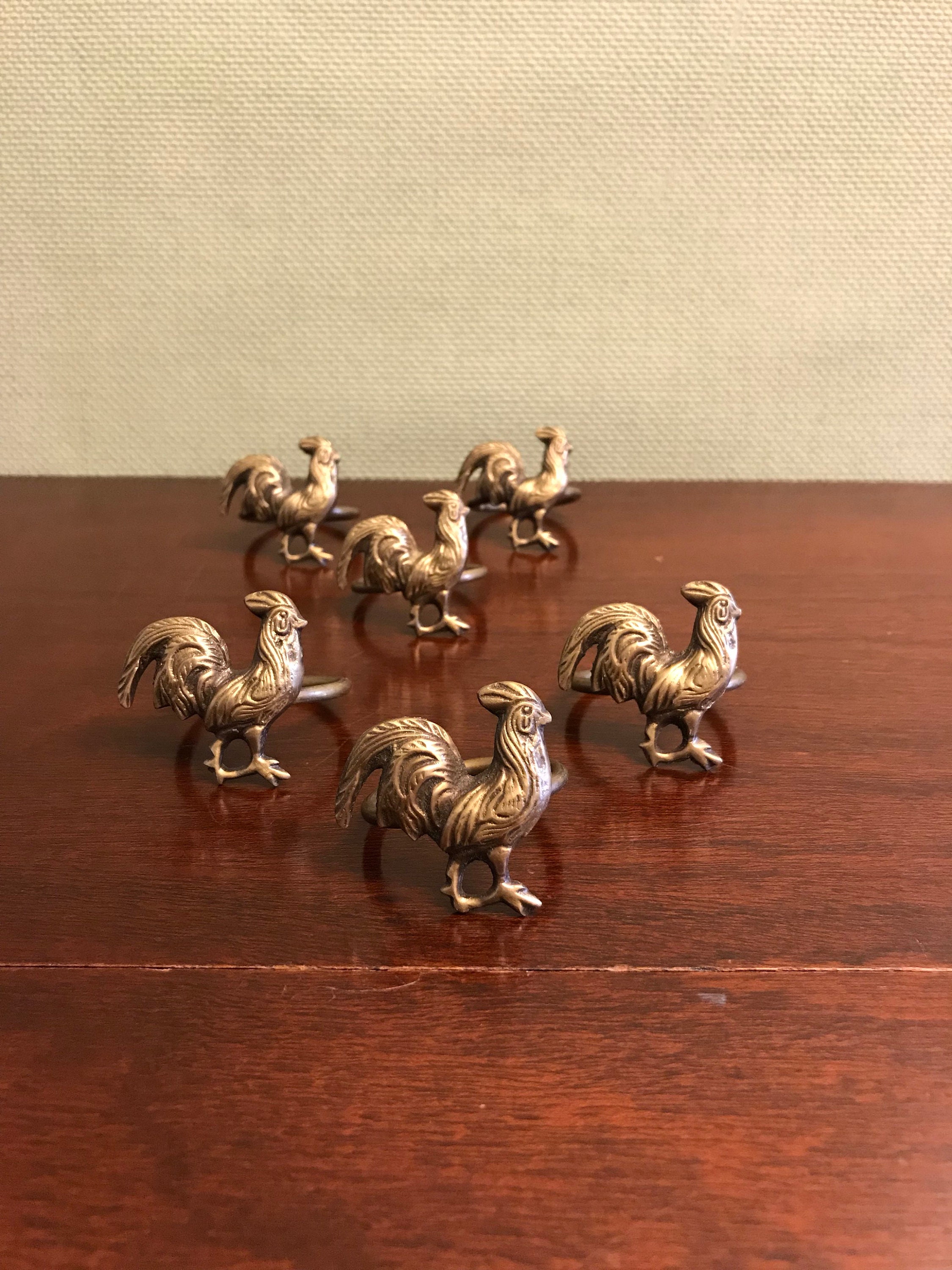 Vintage Brass Rooster Napkin Rings, Farmhouse chicken Napkin holders, 6