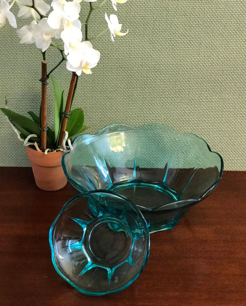 Anchor Hocking Swedish Modern serving bowl set party ware Collectible serving dishes gift for her turquoise Glass Vintage Chip Dip set