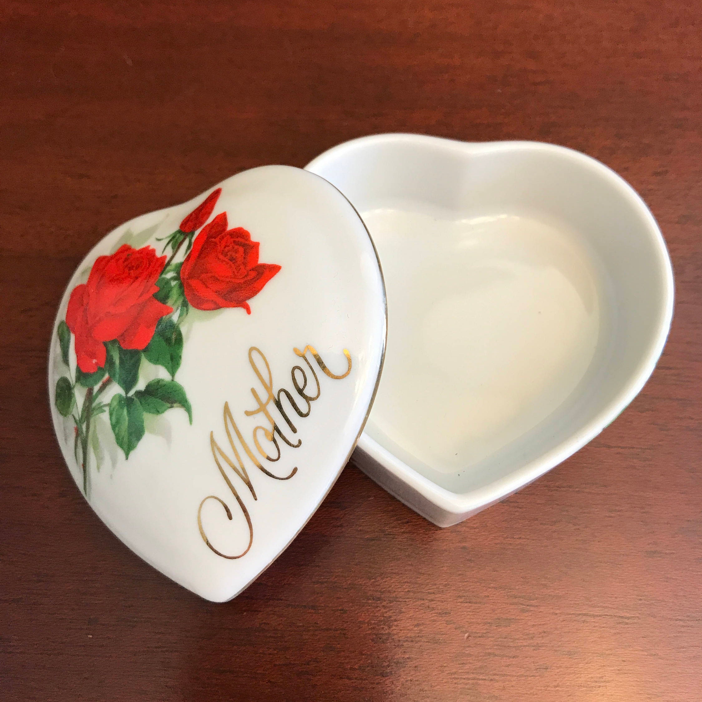 Vintage Porcelain Heart shaped Box, Mothers Trinket Box, Red Rose