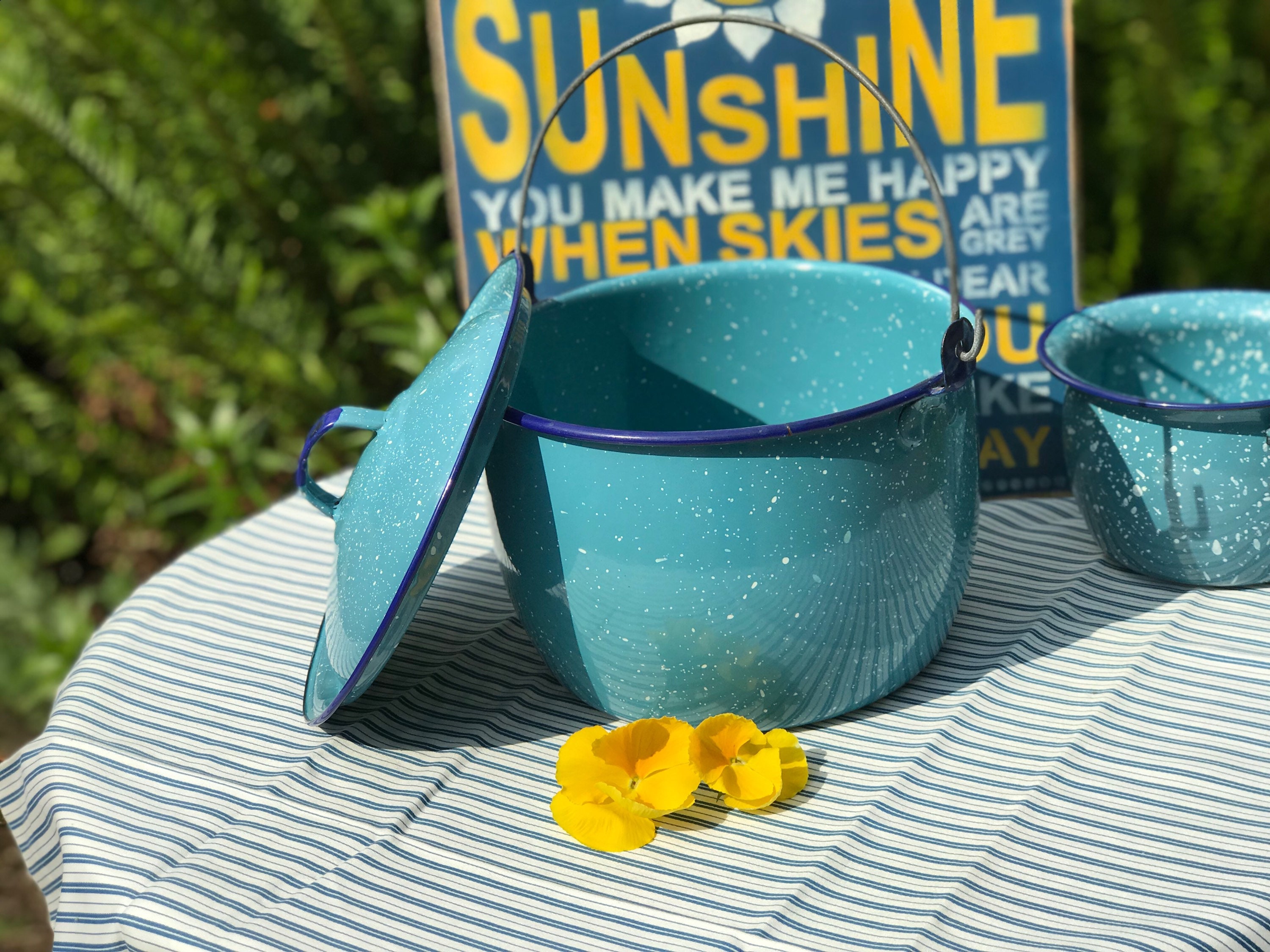 Vintage Turquoise Navy Graniteware Pot, Enamel stock pot with wire bail