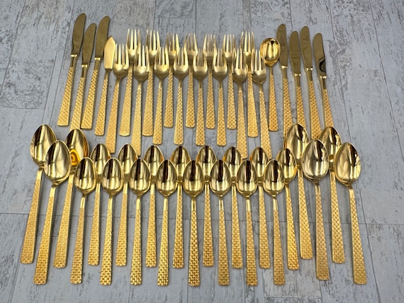 Vintage Gold Flatware set, Golden Basket Weave Silverware, Stanley Roberts, service for 7, gift