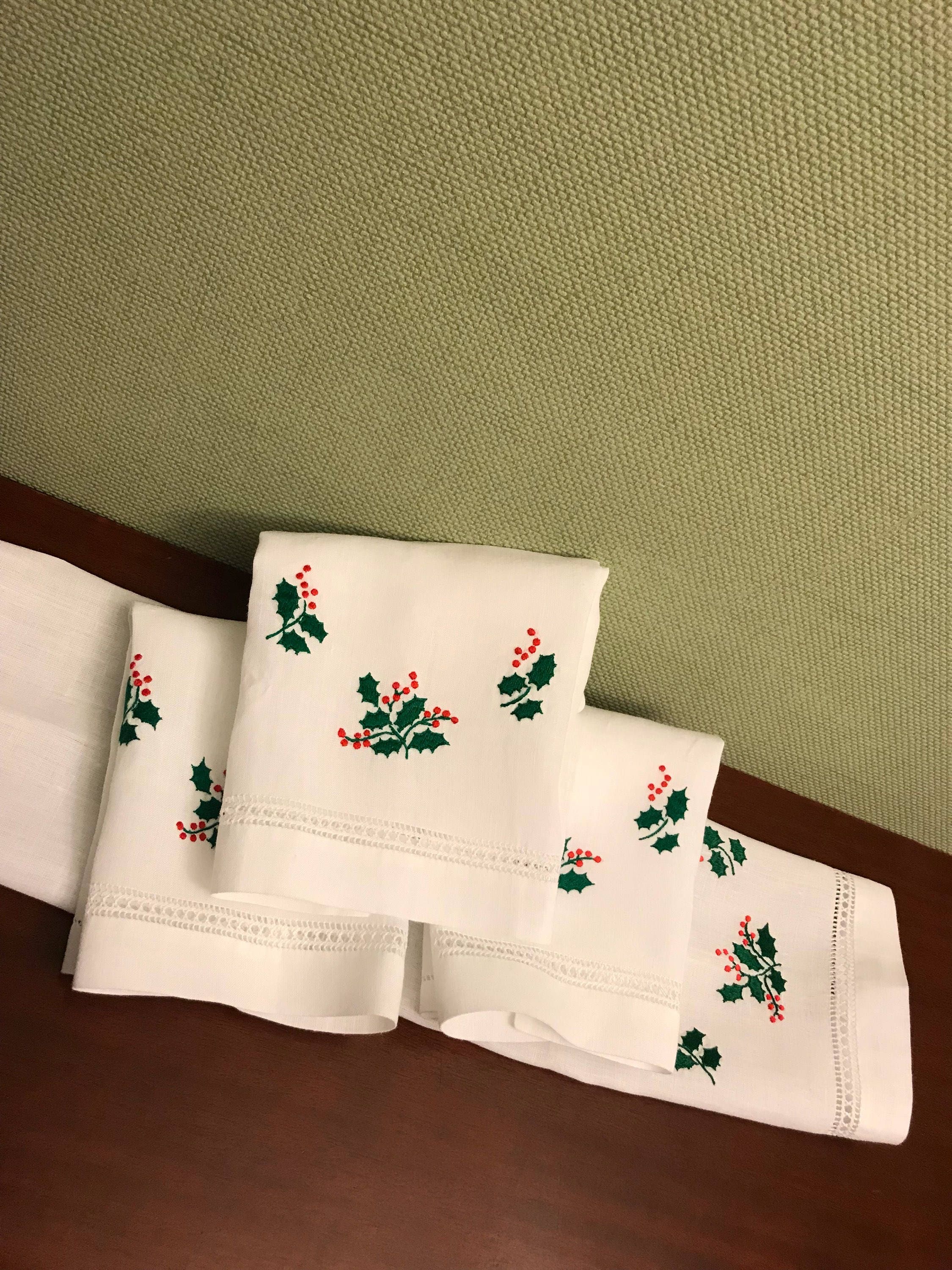 Vintage Christmas towels, Embroidered Holly Christmas