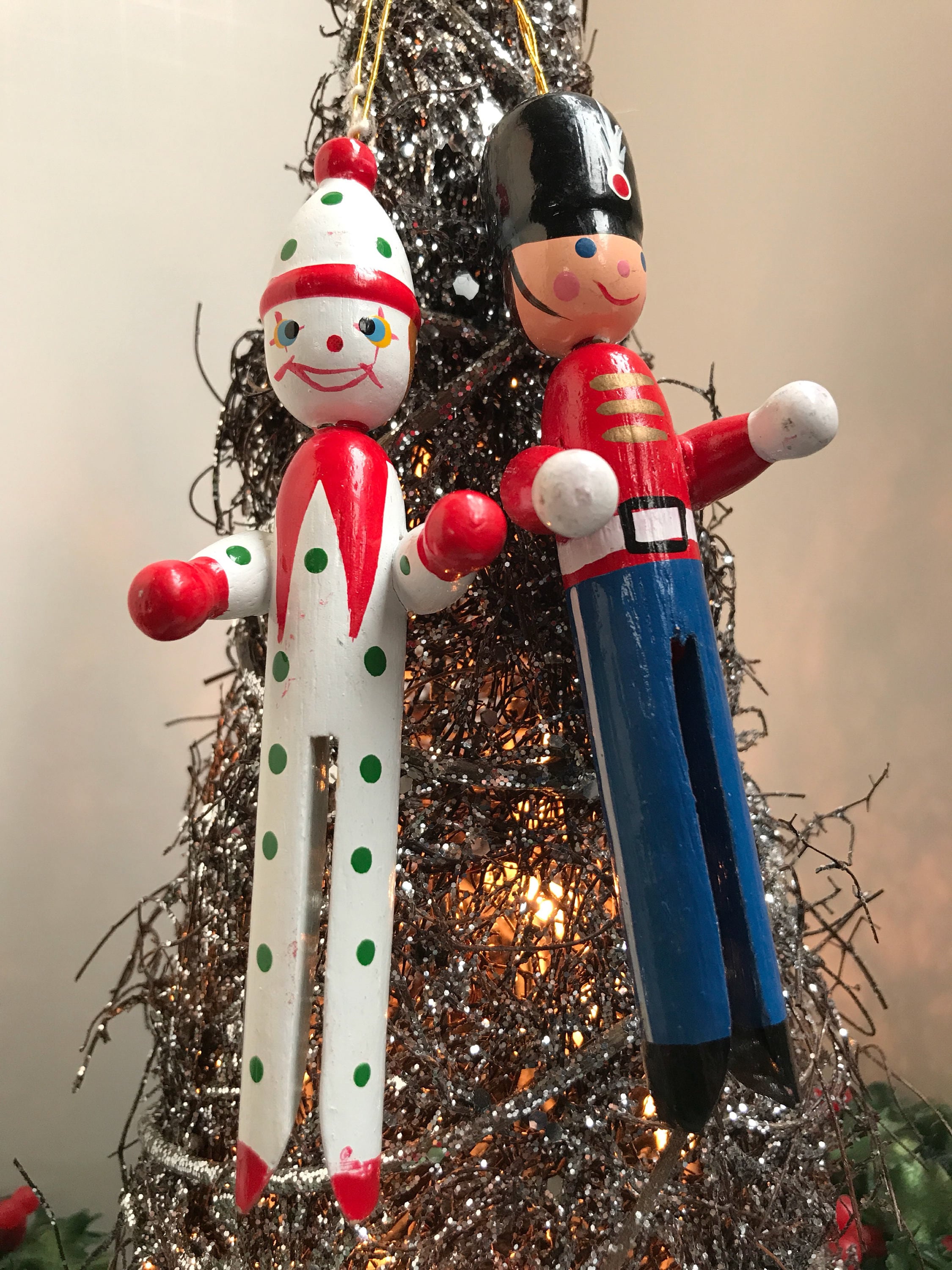 Vintage clothes pin Christmas Ornaments, 1960s Ornaments, painted Christmas ornaments, clown and