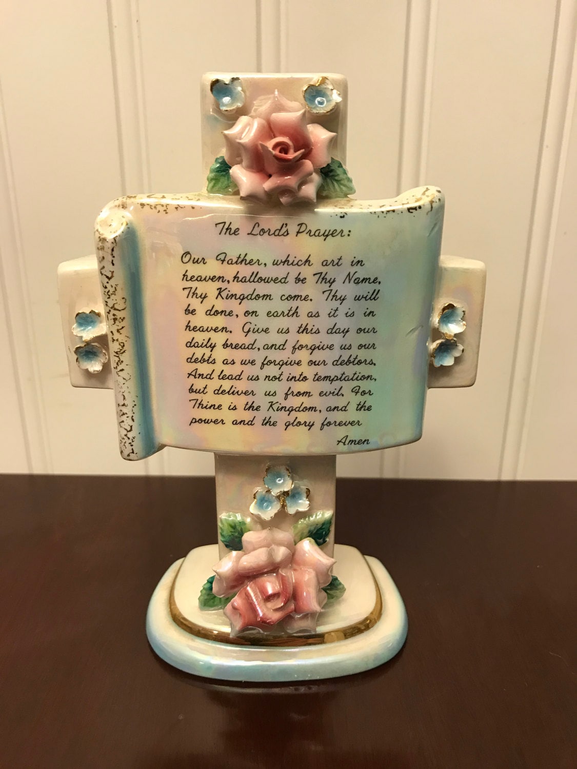 Vintage Lord's Prayer Cross, Pocket Vase, luster glazed ceramic, flower