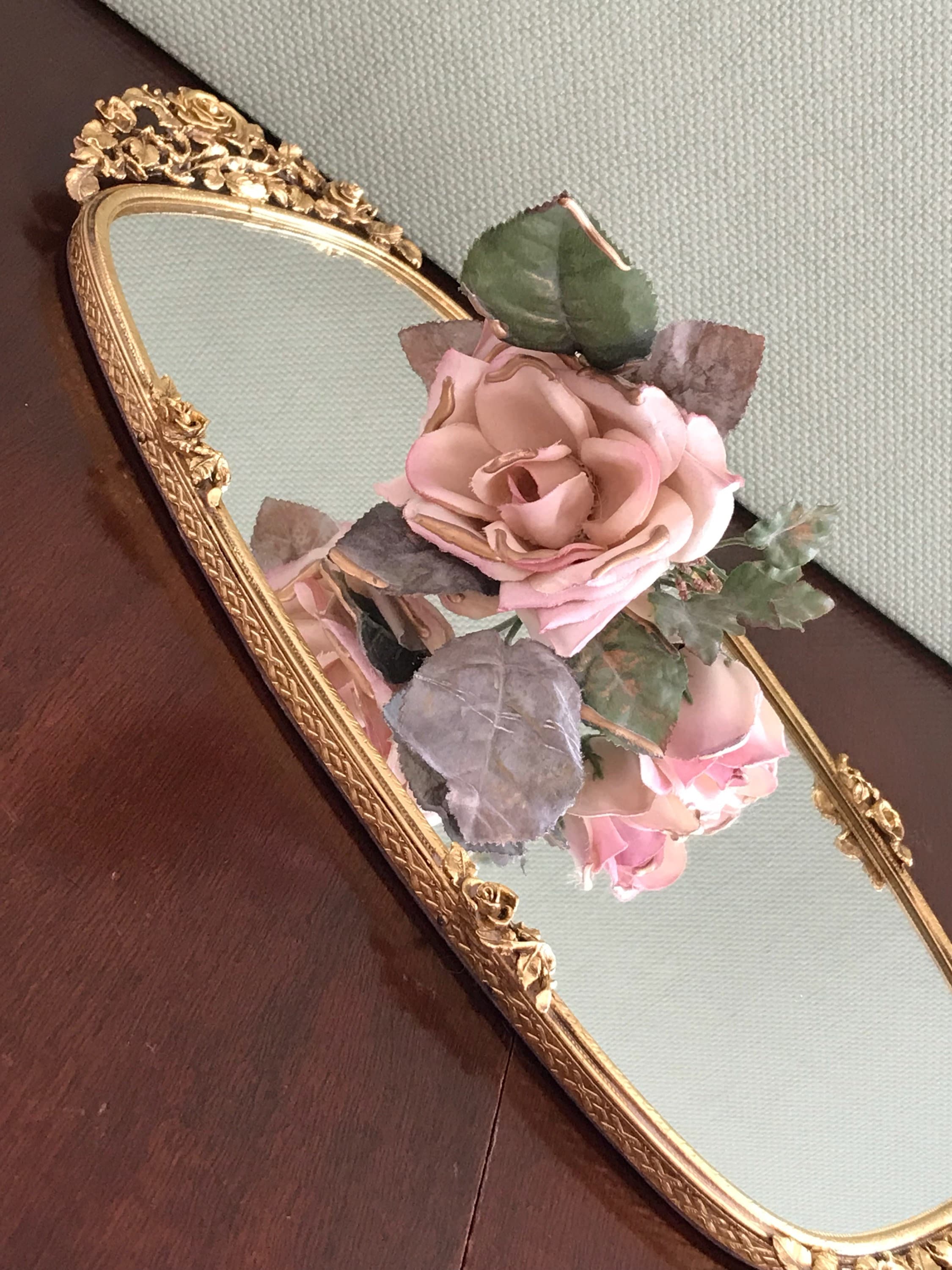 40s〜50s アメリカアンティークmatson　薔薇ゴールドバニティートレイ鏡 マトソン製 ゴールド ローズ バニティトレー – Allen Antiques