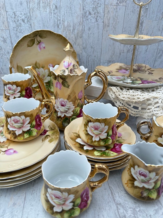 Vintage Lefton Heritage Floral Handpainted china Tea set 1960s, Cottagecore