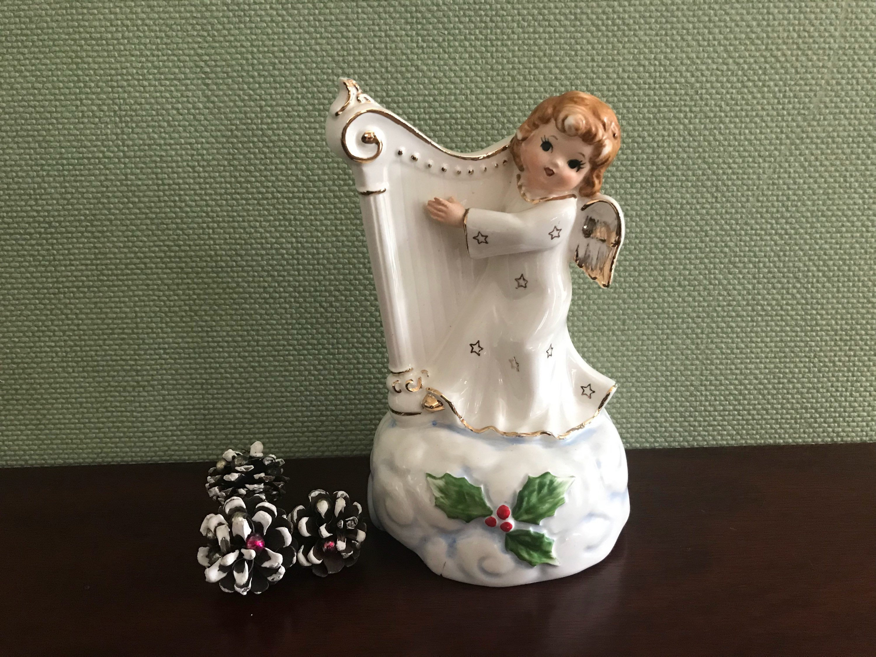 Vintage Christmas Angel Music Box, White Christmas Musical Porcelain Angel with Harp