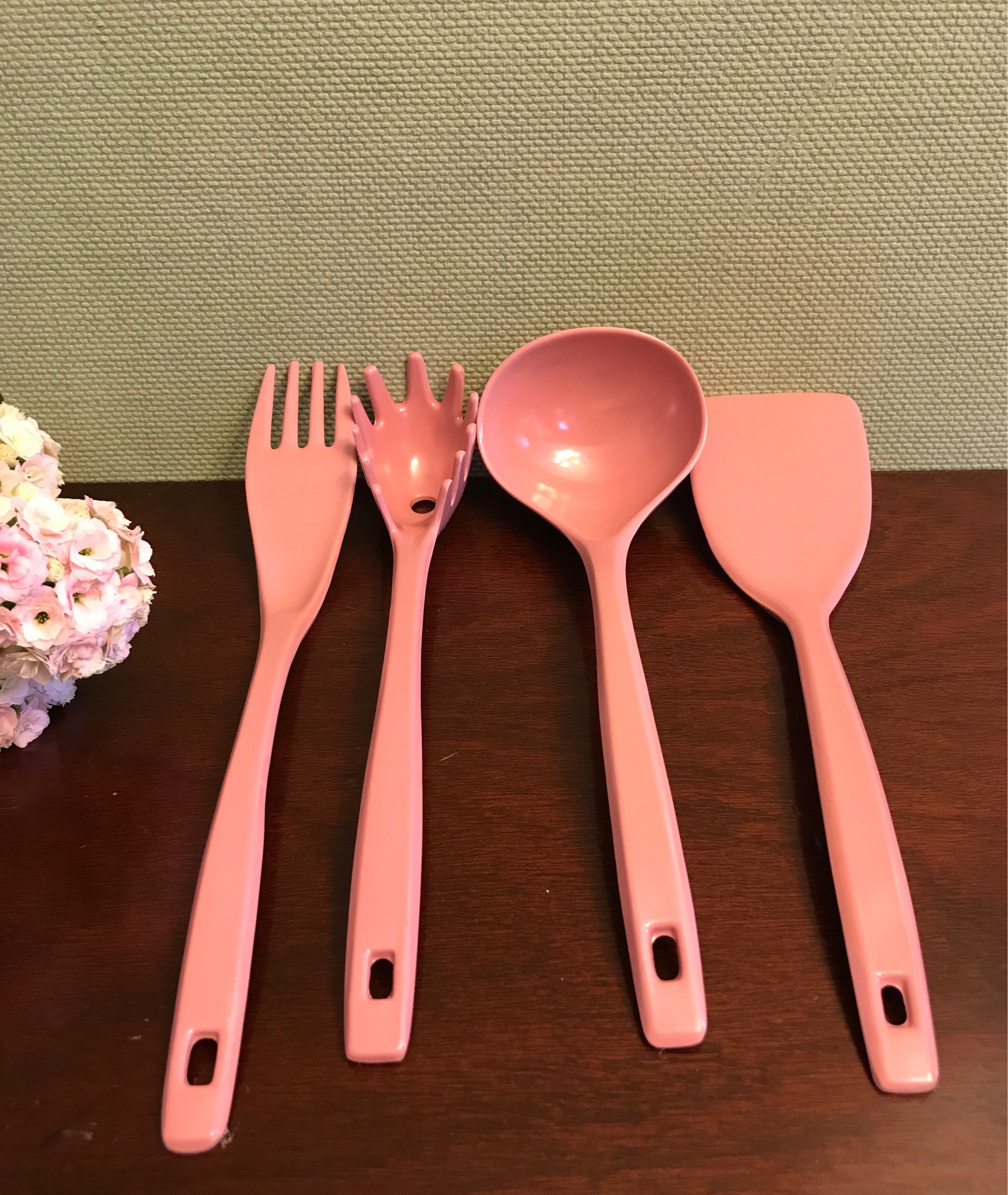 Kitchen Utensil Crock, Vintage Stoneware pot, Dusty rose pink Stoneware