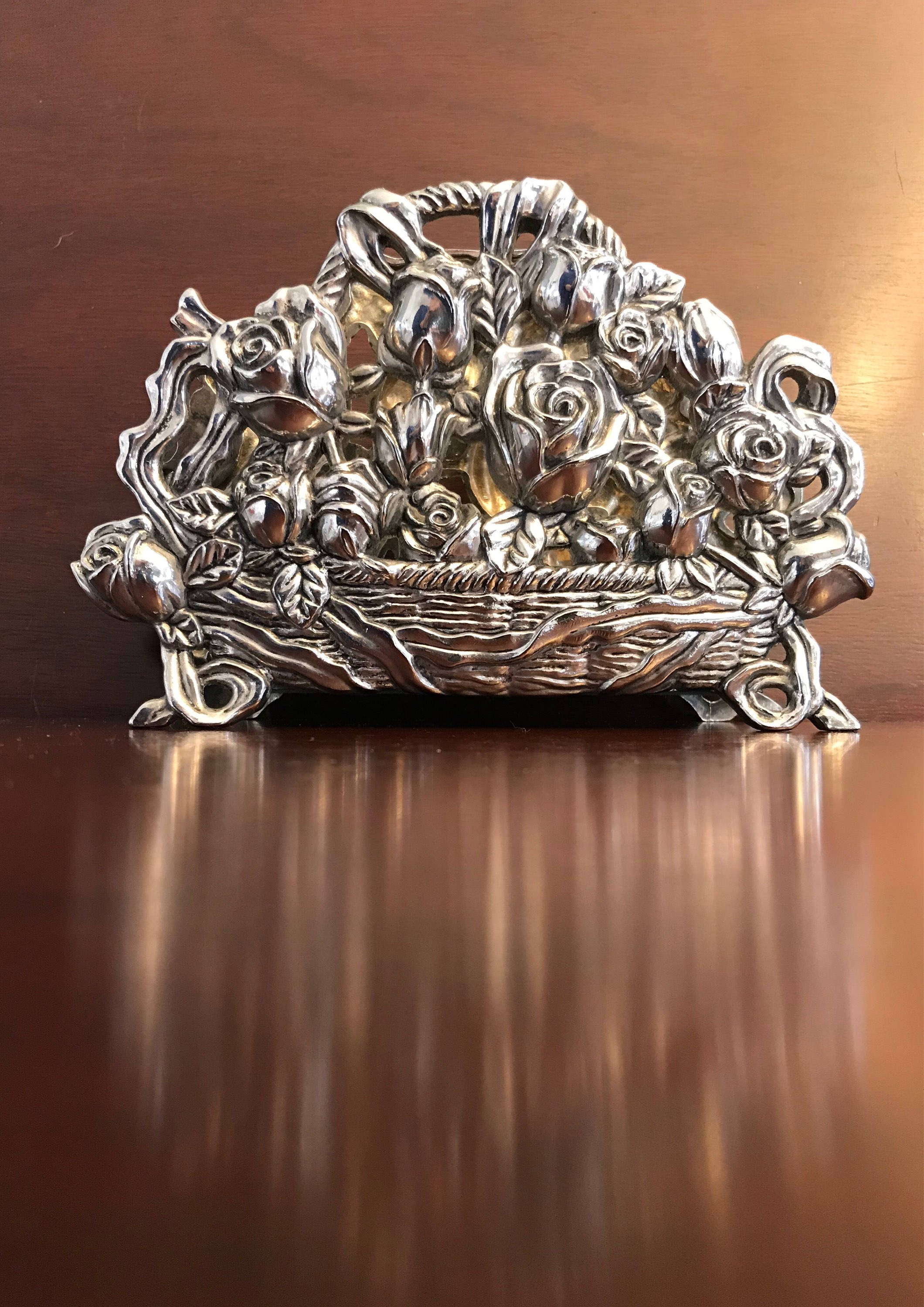 Vintage Silver Rose Napkin Holder, Victorian Rose Letter holder