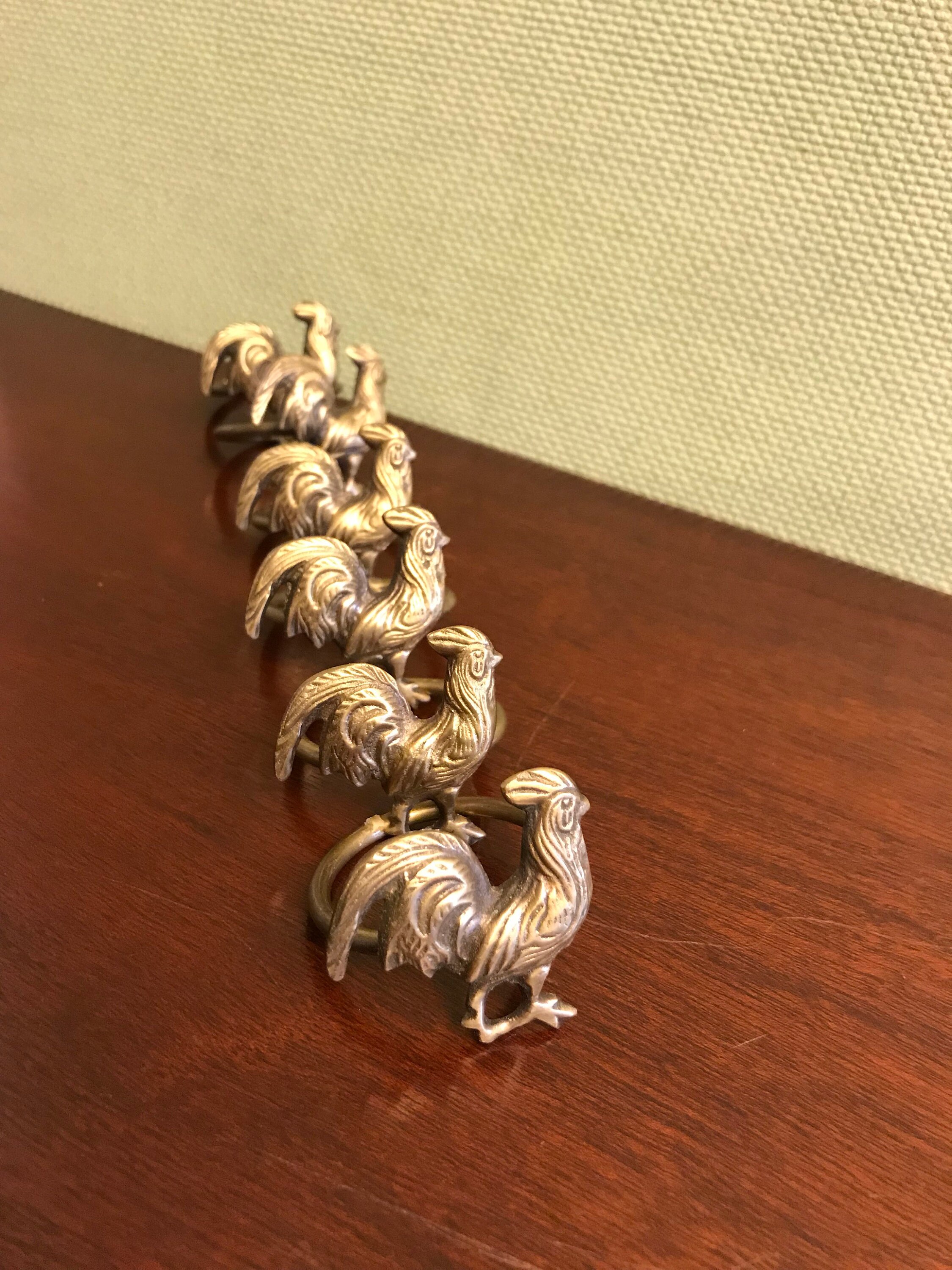 Vintage Brass Rooster Napkin Rings, Farmhouse chicken Napkin holders, 6