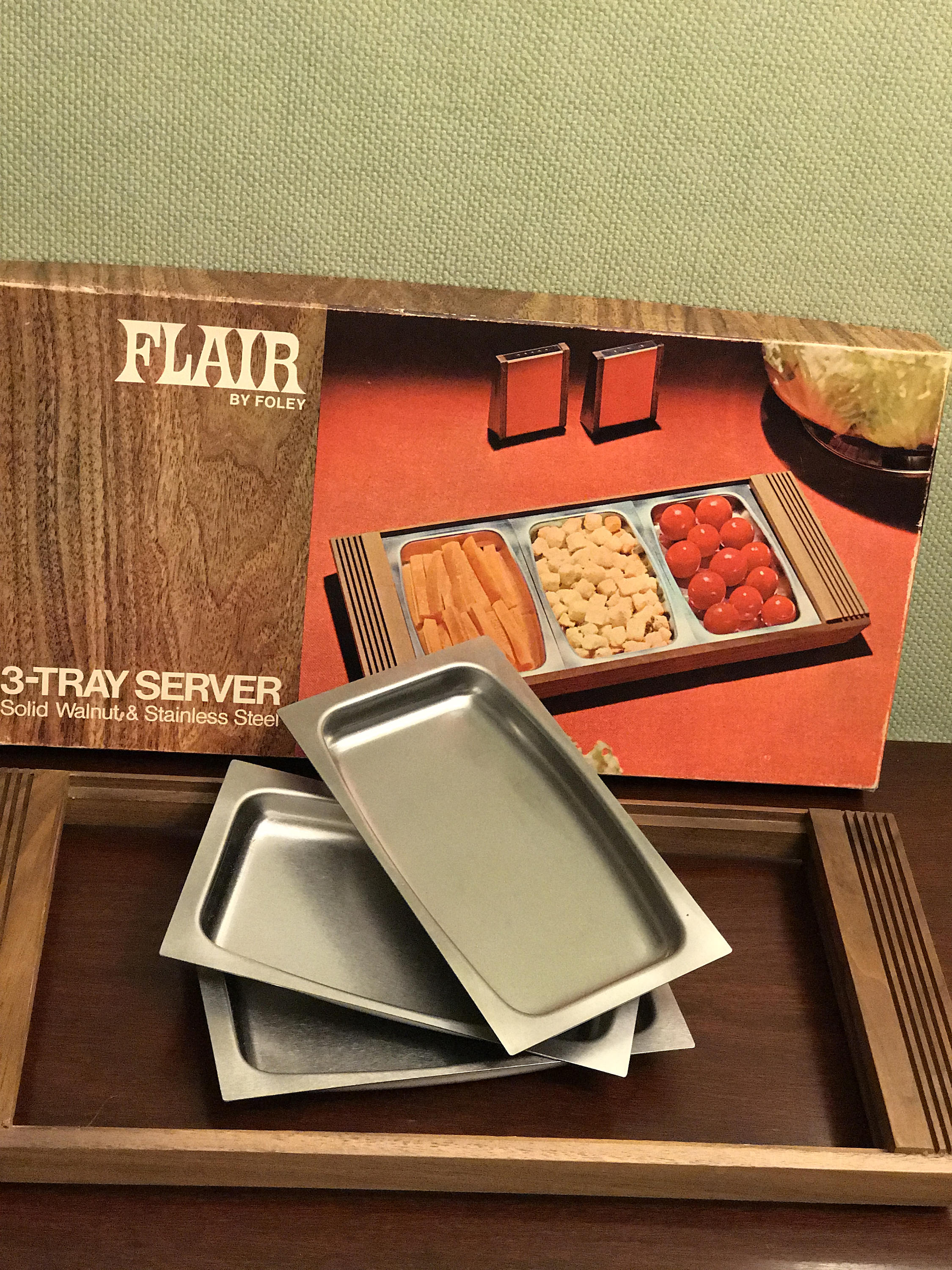 Danish Modern Serving Tray, Vintage Serving tray, Wood stainless steel condiment tray Buffet
