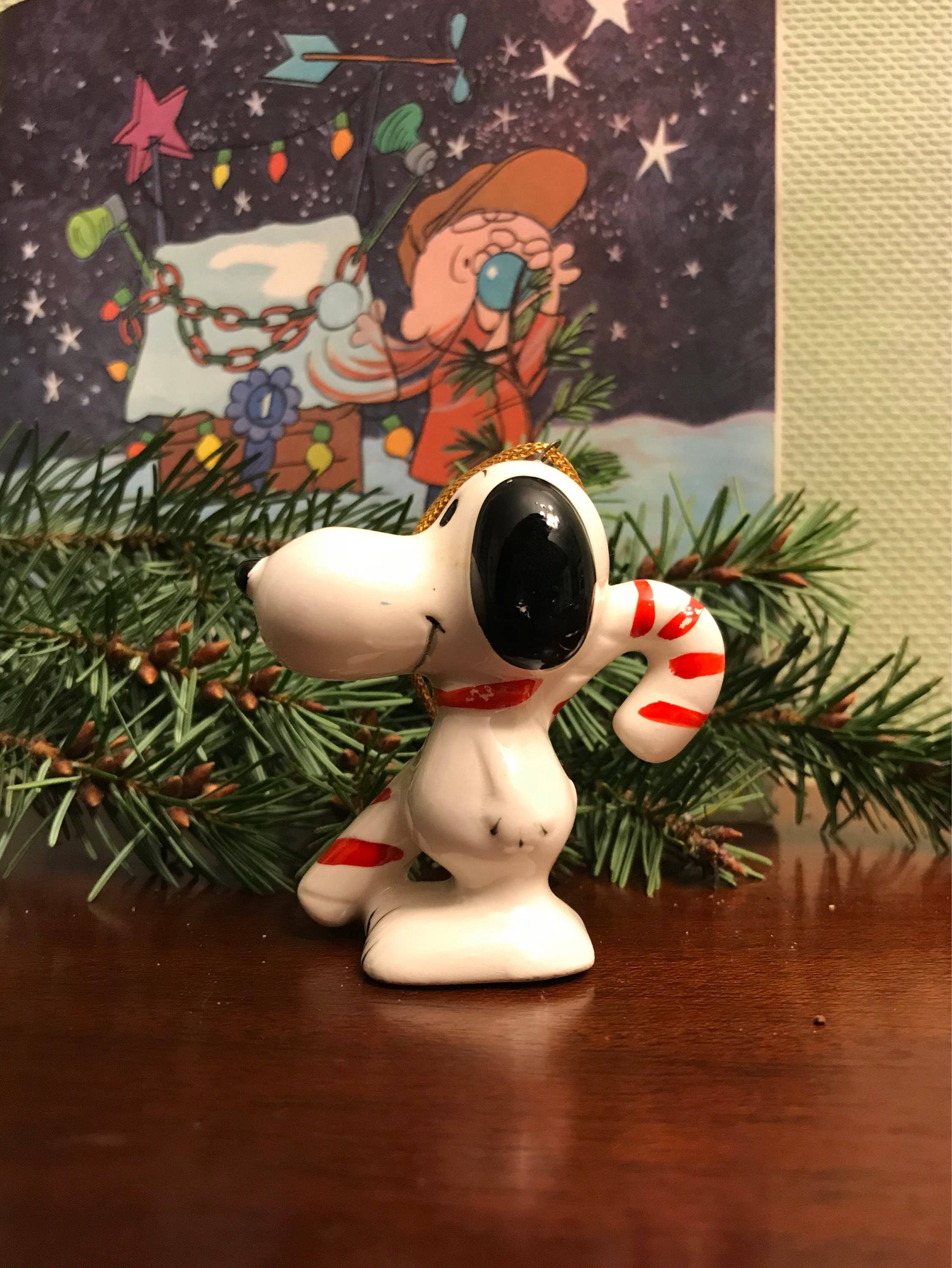 Vintage Snoopy Ornament, porcelain Snoopy with Candycane, Peanuts