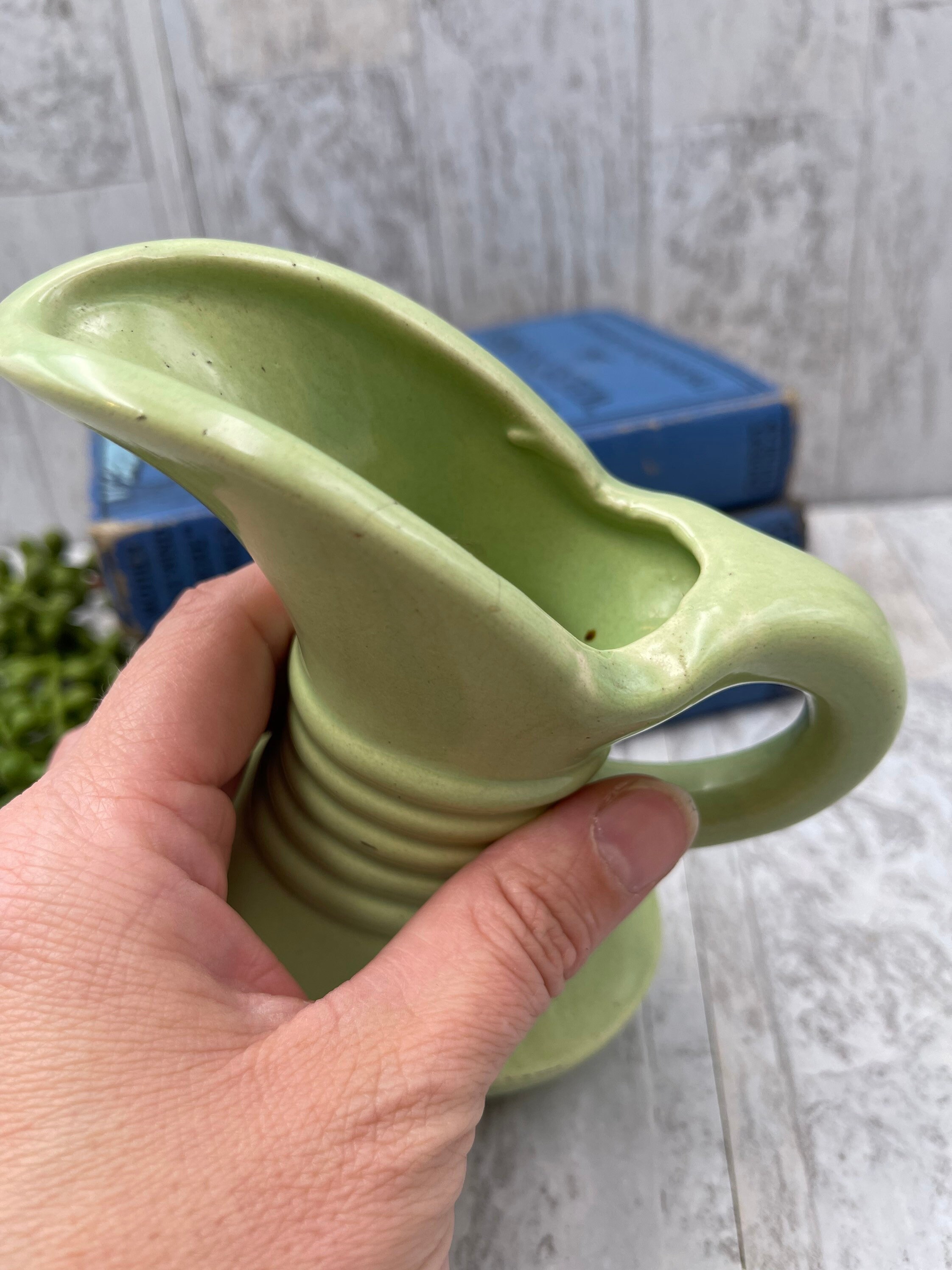 Vintage Pitcher, small light green ceramic USA Mid Century Pottery