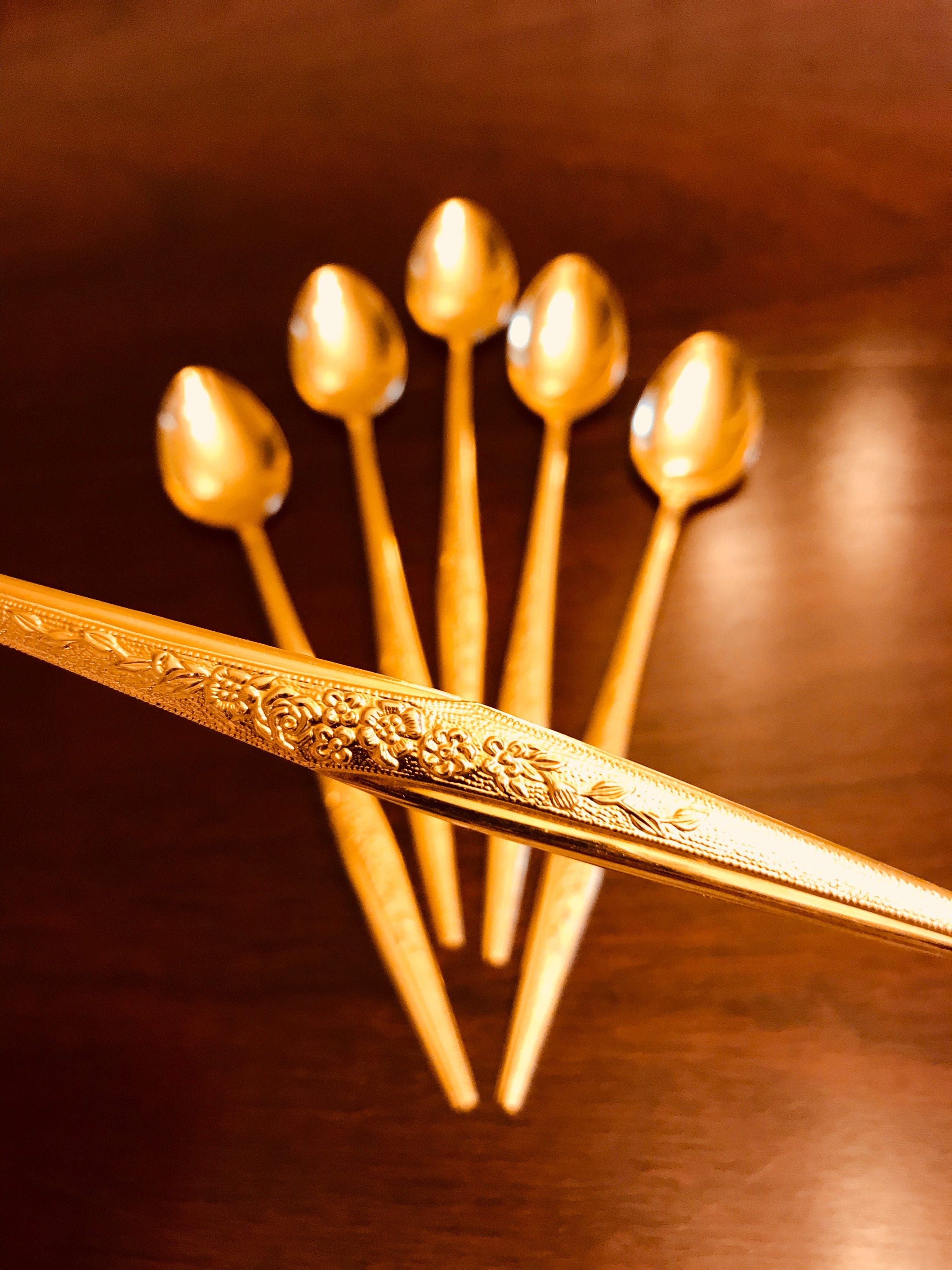 Golden Iced Tea Spoons, Golden Bouquet Spoons, set of 6 Iced Tea Spoons