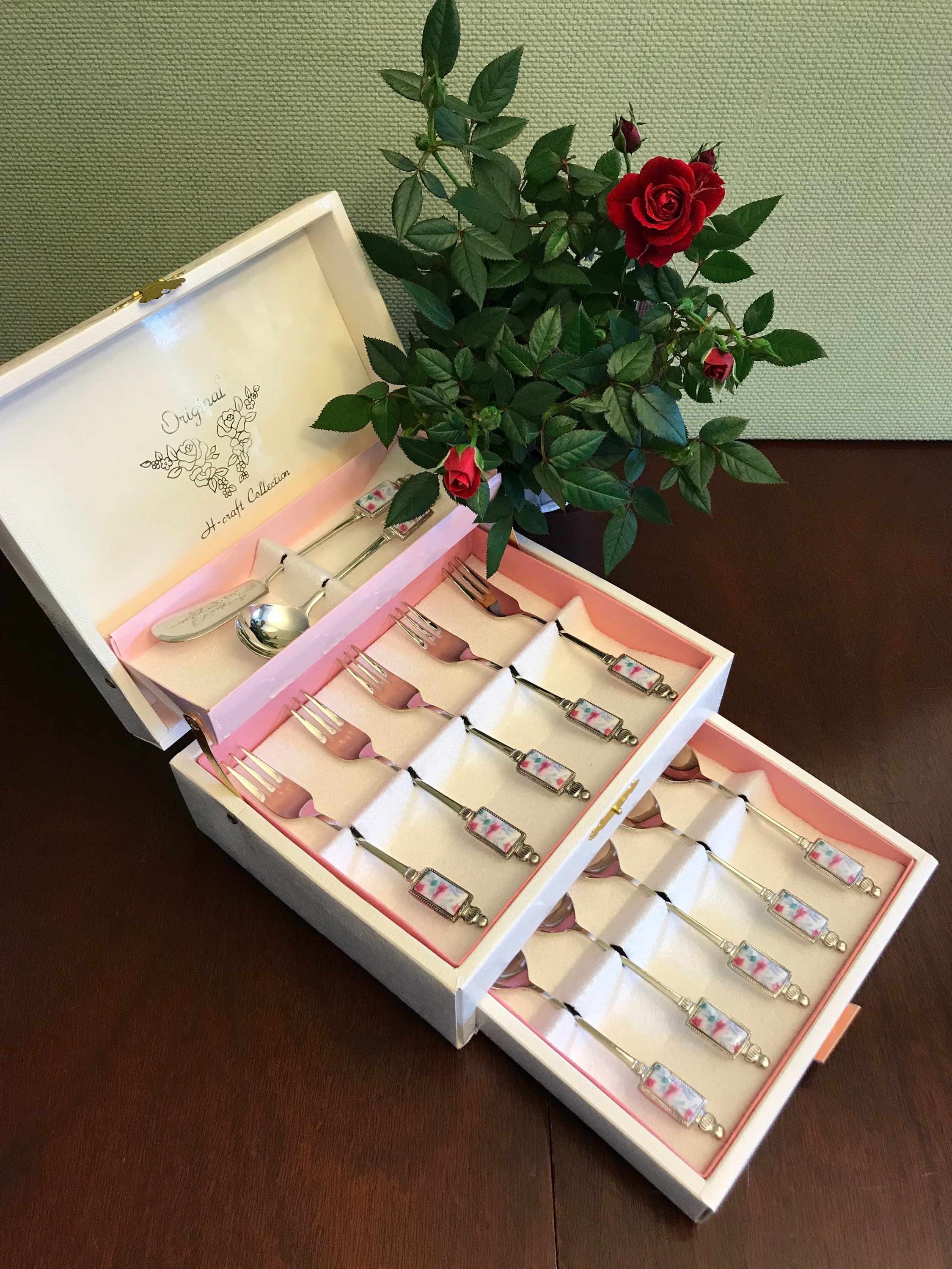 Vintage Floral Tea Party silverware set, Porcelain silverplate dessert