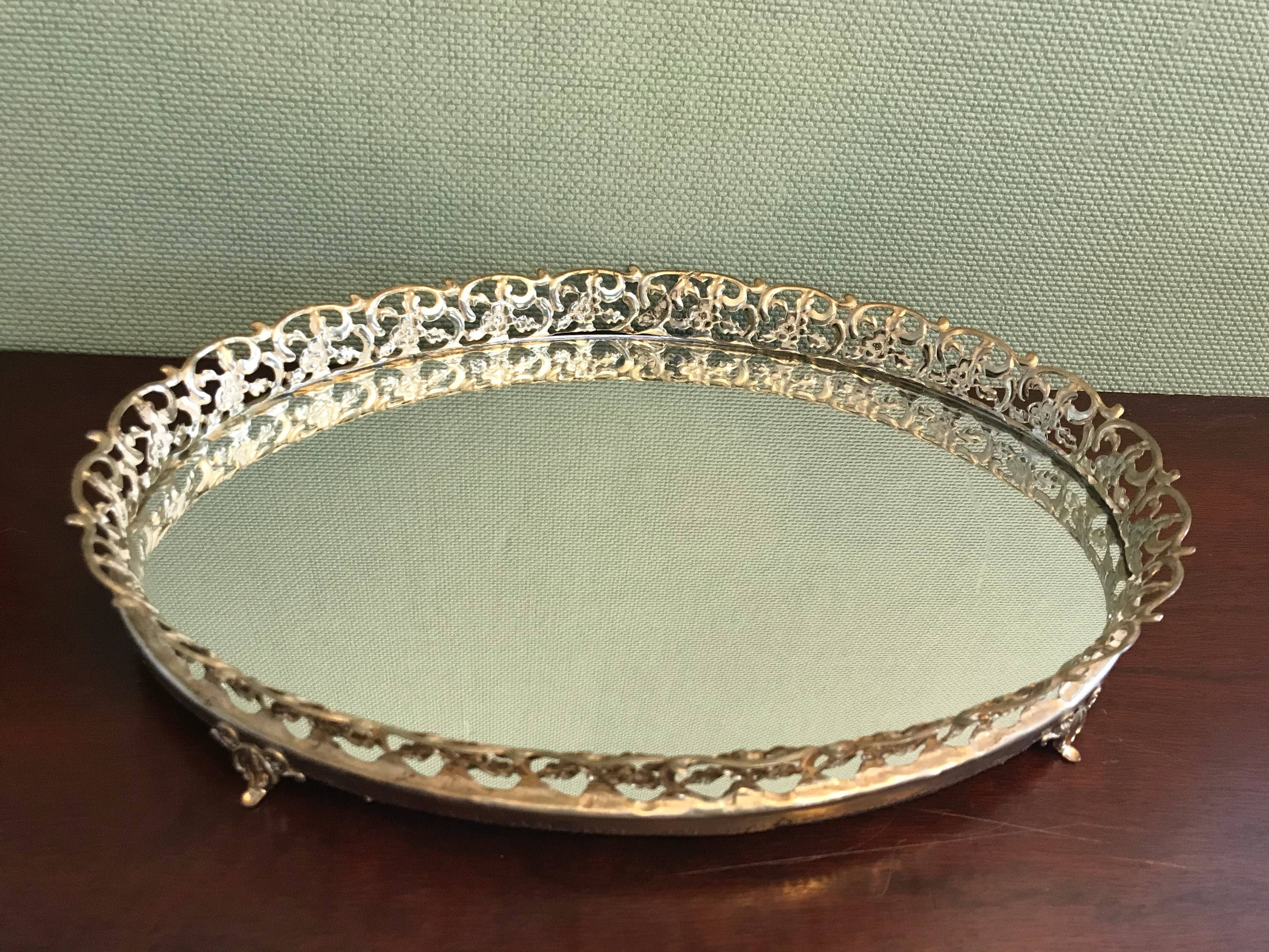 Oval Vanity Mirror Tray, Gold Filigree Mirror Tray, oval shaped Tray