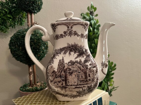 Old English Ironstone Teapot, Brown transferware, Castle Scene, Collectible China, Vintage home decor
