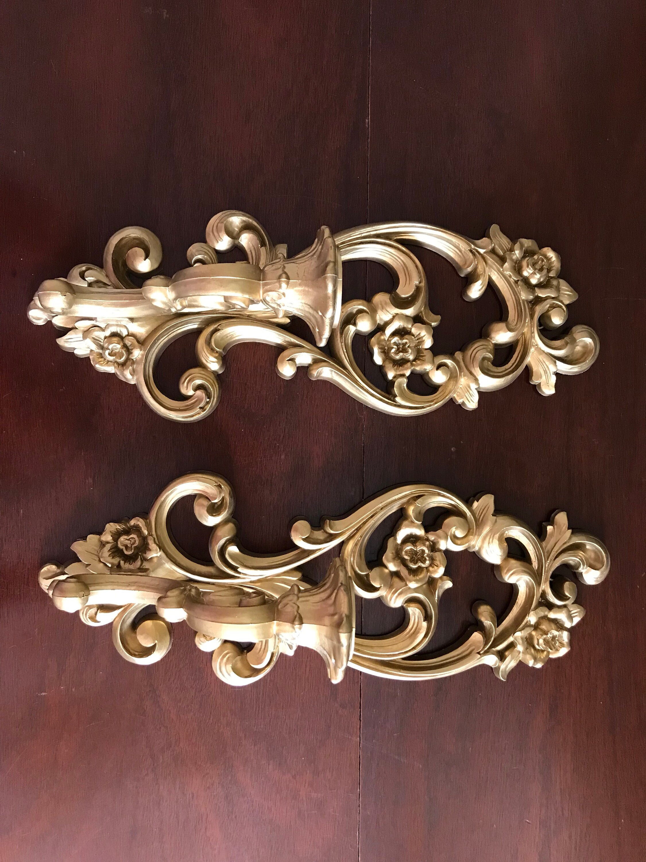 Vintage Gold Wall sconces, Hollywood Regency Style Candle holders, pair