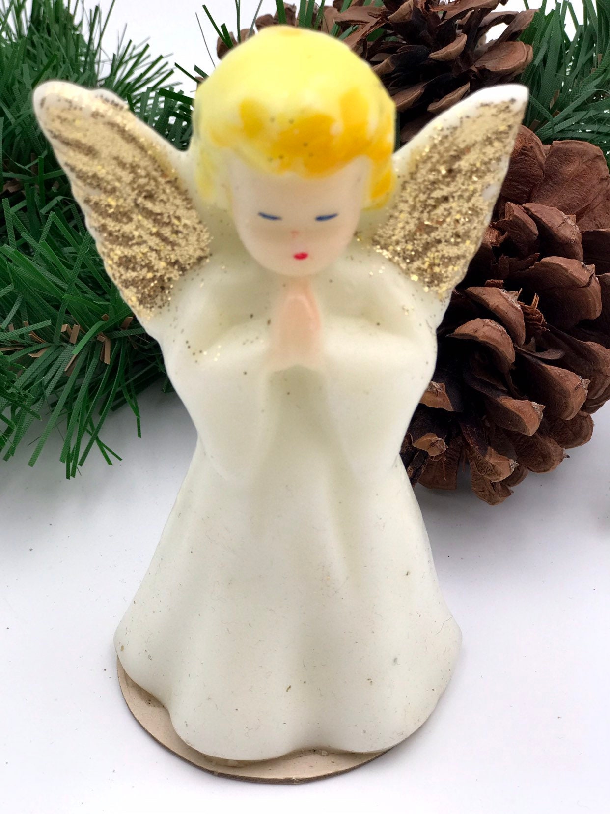 Vintage Angel Figurine Candle by Gurley, White and Gold Christmas Angel