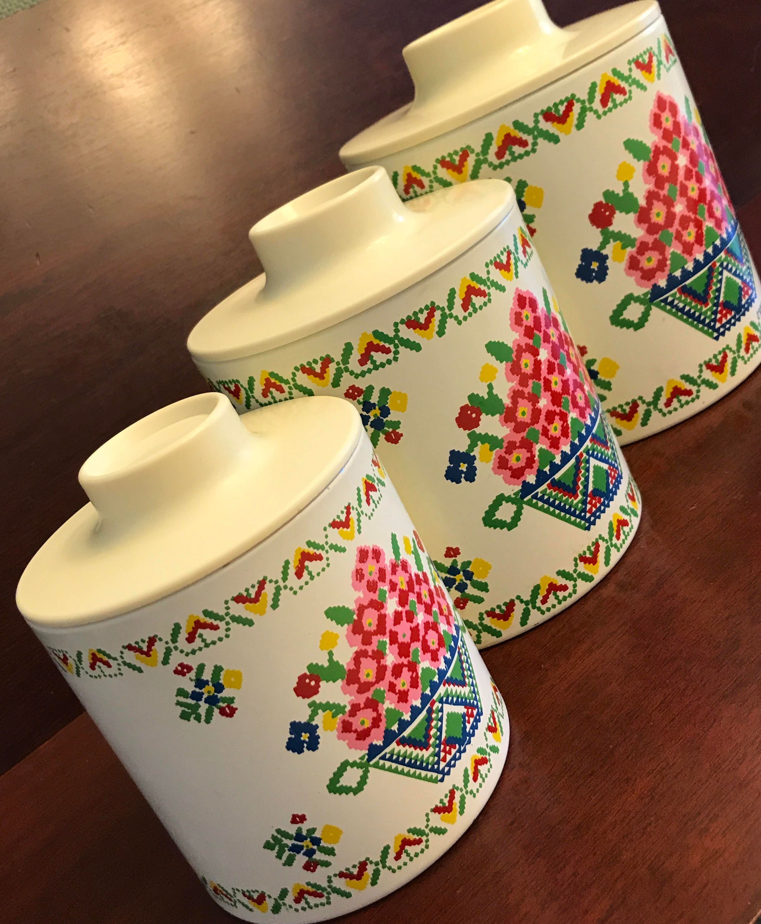 Vintage Canister Set Ransburg Cross Stitch Floral Canisters Nesting Tin Canisters Kitchen Storage Craft Storage Gift For Her Sewing