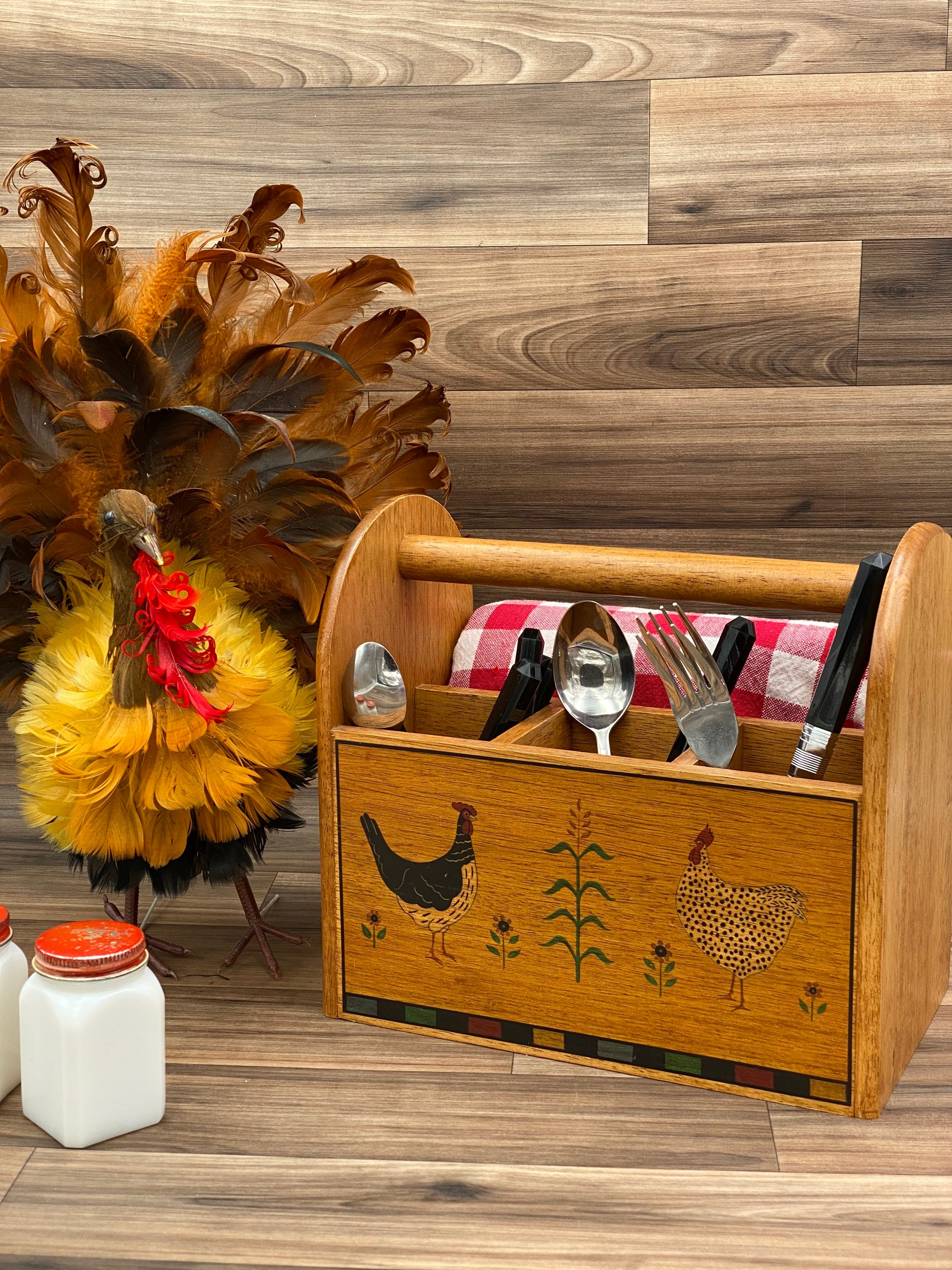 Vintage Flatware caddy, Country Kitchen Roosters and chickens