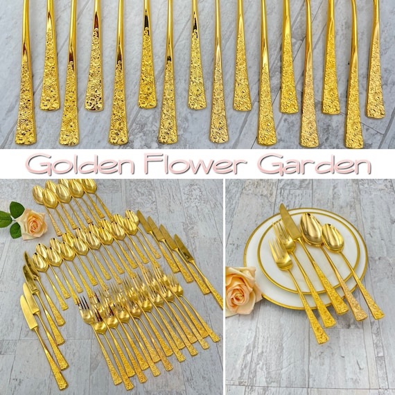 Vintage Gold Flatware set, Floral Garden Silverware, service for 8, excellent condition, gift