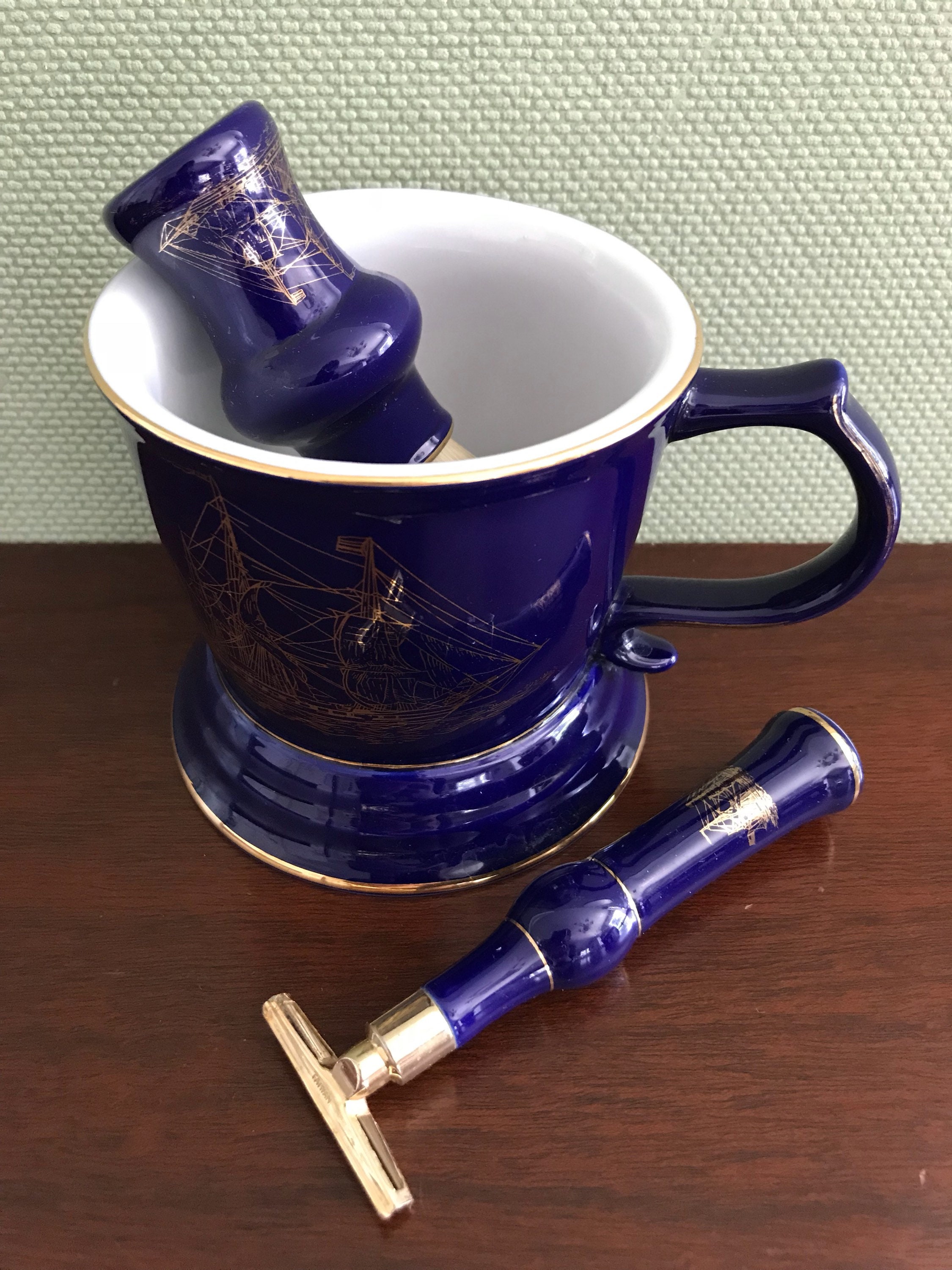 Vintage Blue Shaving Mug, Ceramic Shaving Mug with Ship, shaving brush