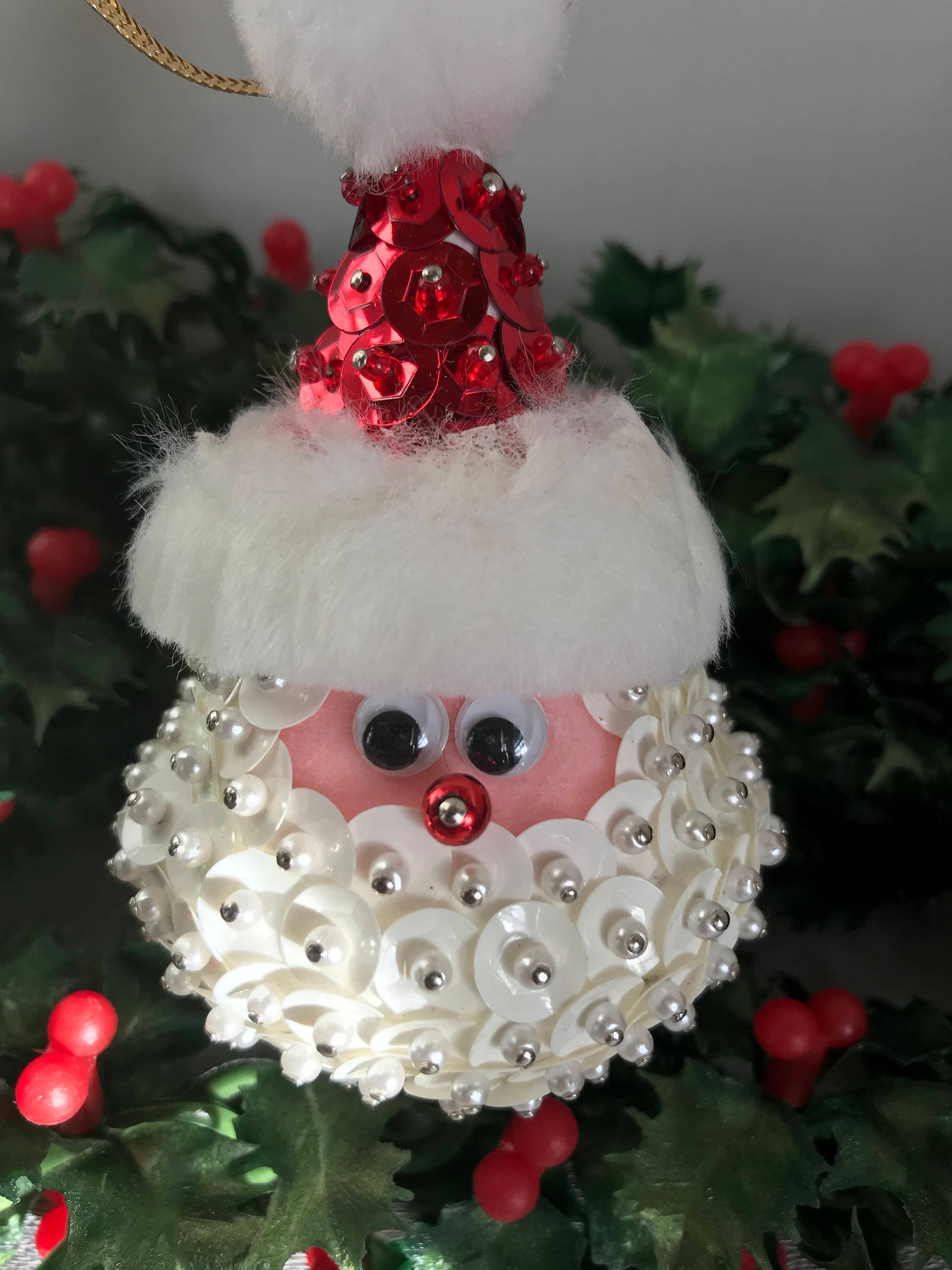 Vintage Santa Ornament, sequined and beaded, Red White Bauble, Ornate