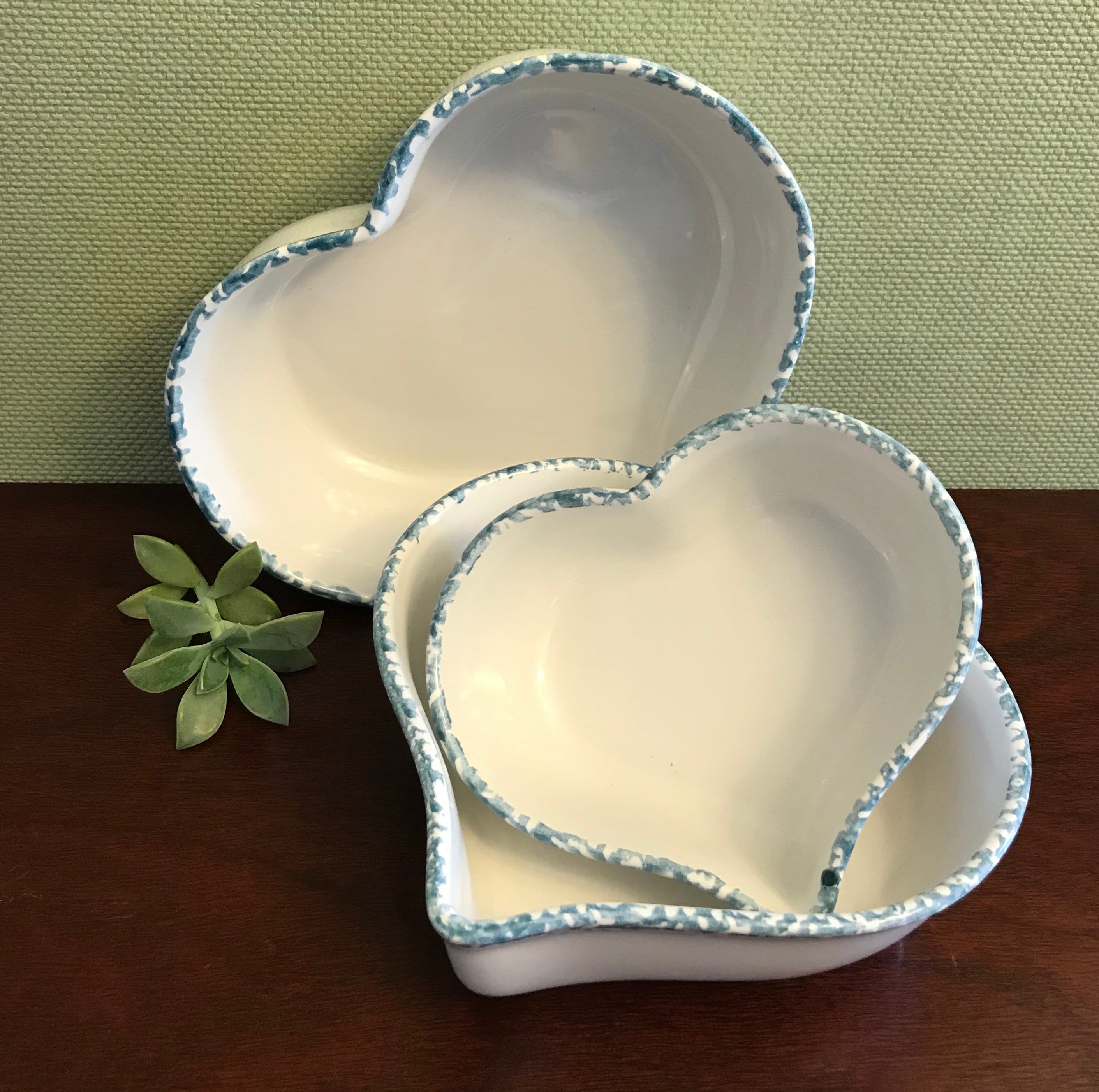 Heart shaped ceramic bowls, blue spongeware bowl set, nesting bowls
