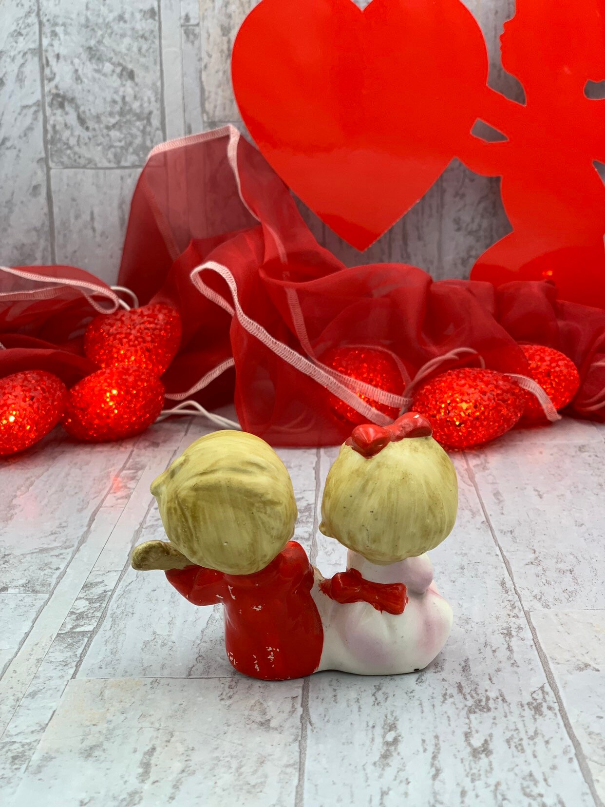 Vintage Valentine figurines, Boy Serenading a girl, Ceramic Valentine