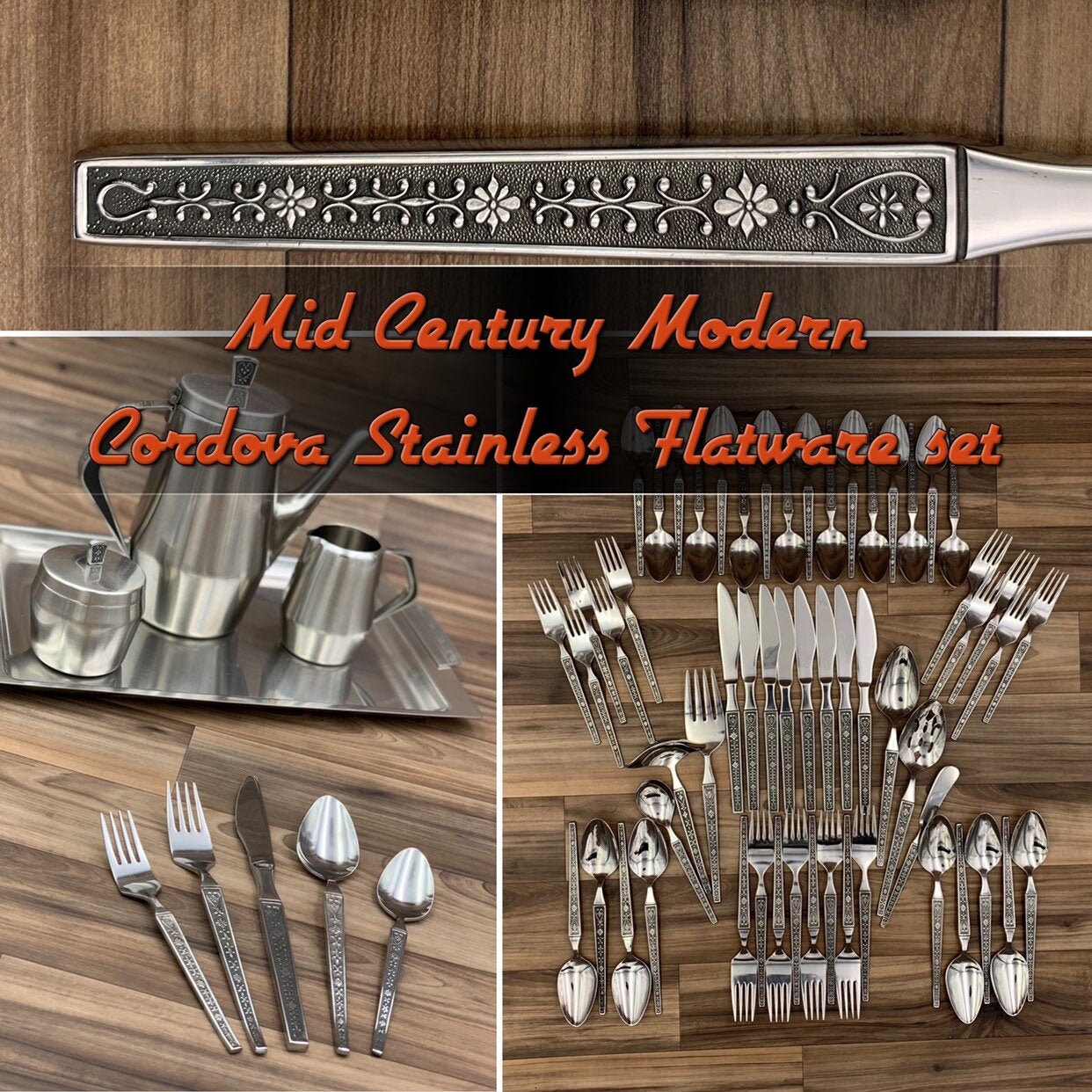 Mid Century Stainless Flatware set Cordova by Riviera Floral scroll