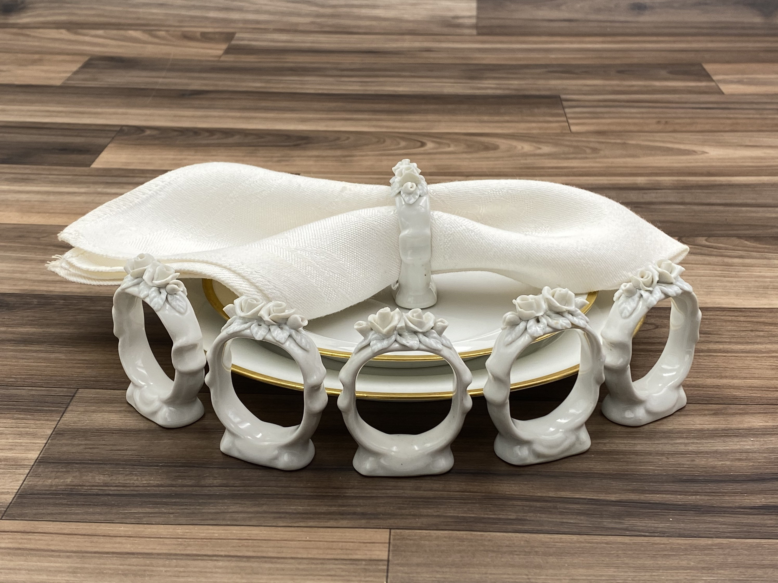 White Rose Porcelain Napkin Rings, Set of 6 Made in Germany, Vintage