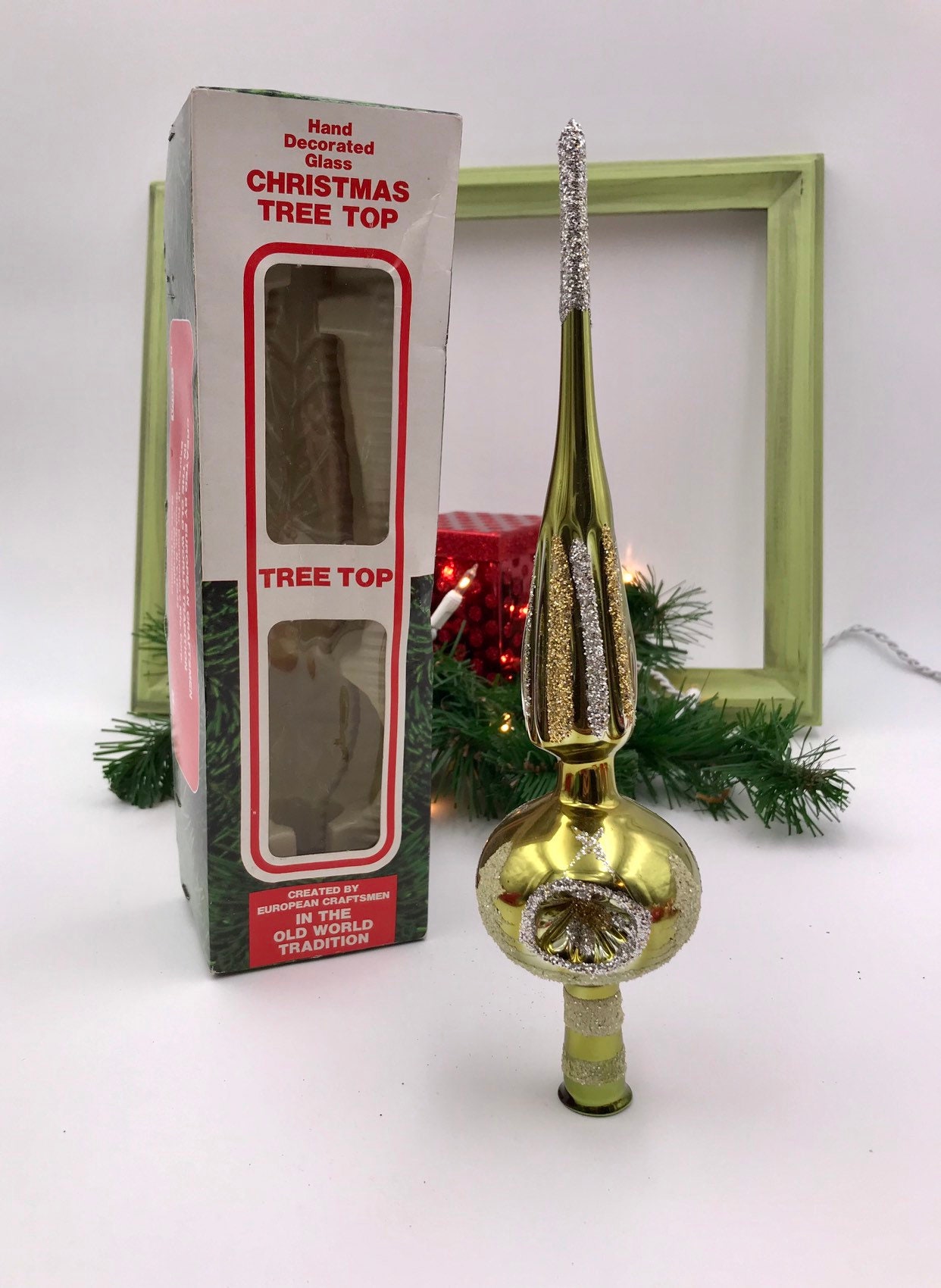 Vintage Indented glass tree topper Green with Mica Glitter, European