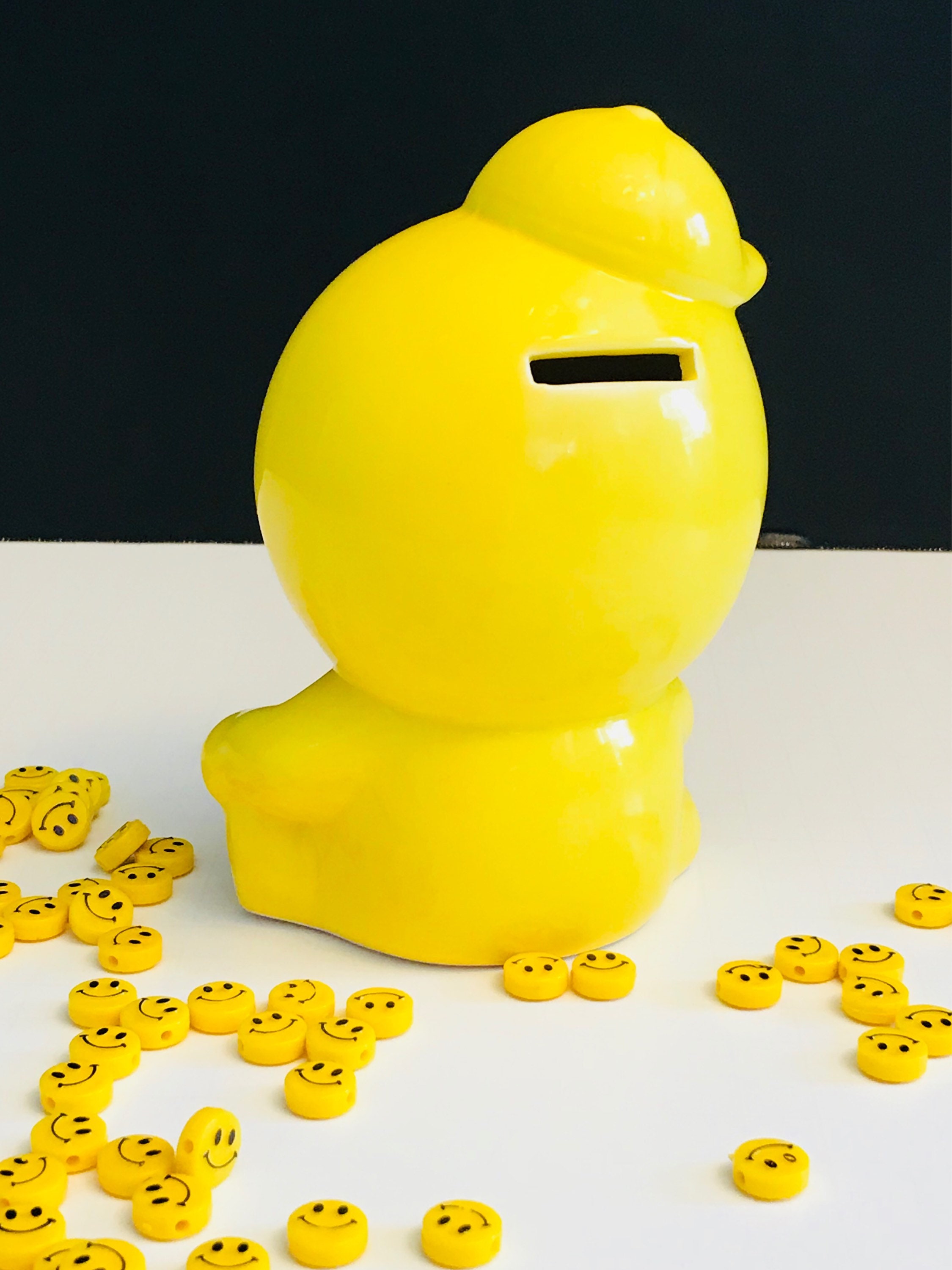 Smiley Face Bank with Baseball Cap, Vintage smiley face coin bank