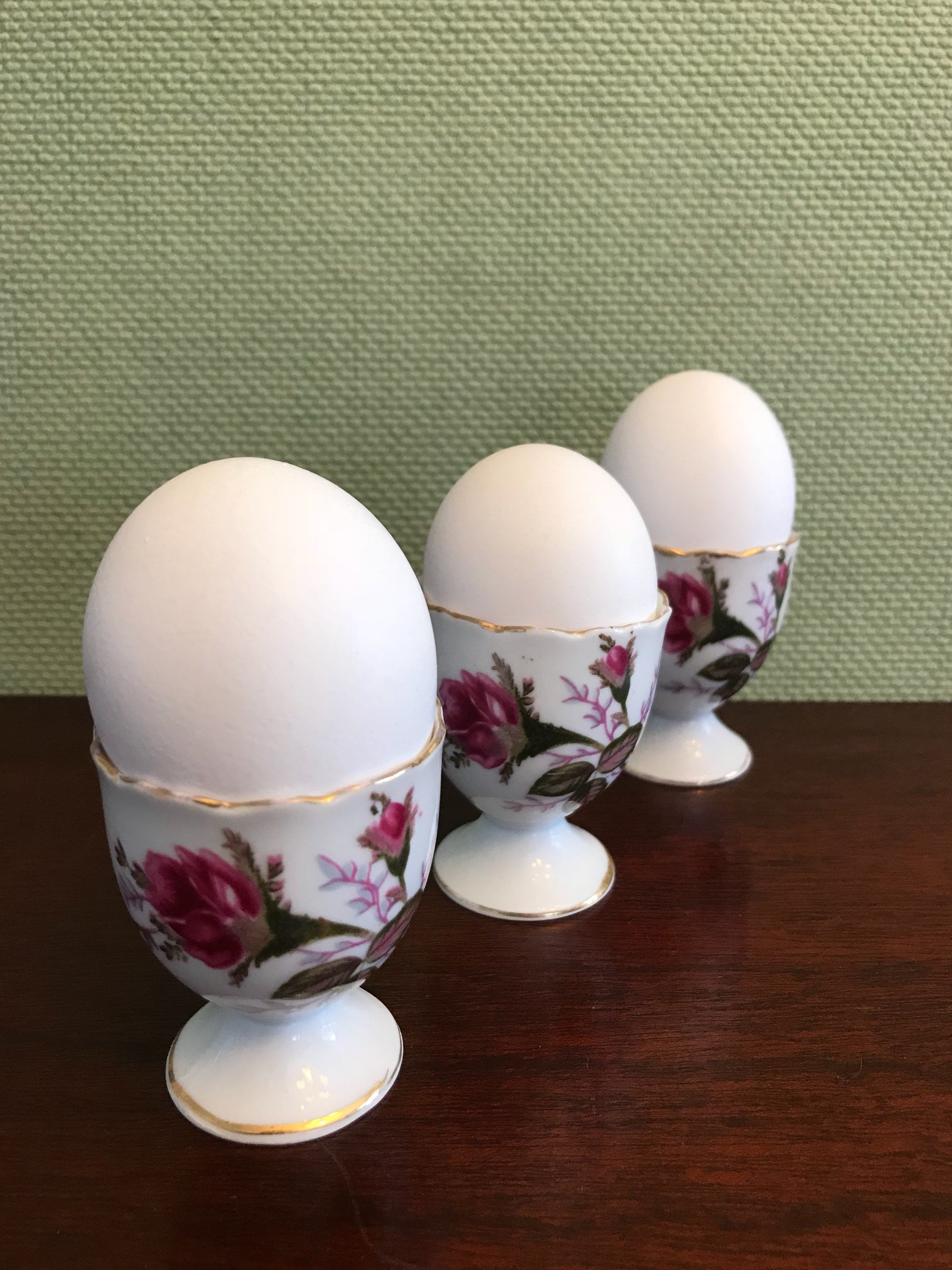 Vintage Moss Rose China Japan Set of 2 Single Egg Cup Holders