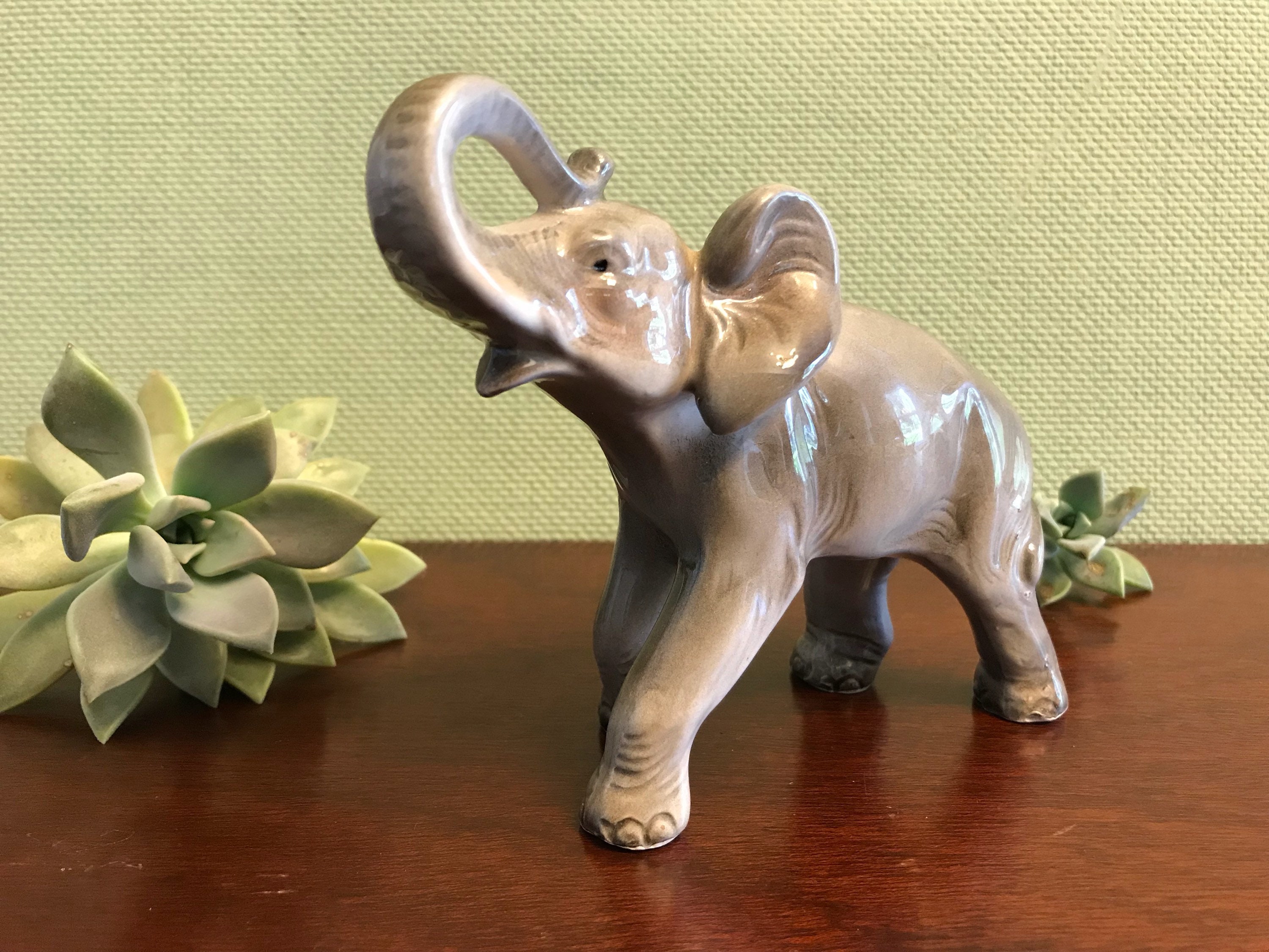 Vintage Elephant Figurine, Gray Porcelain elephant, elephant with Trunk up, Vintage Elephant