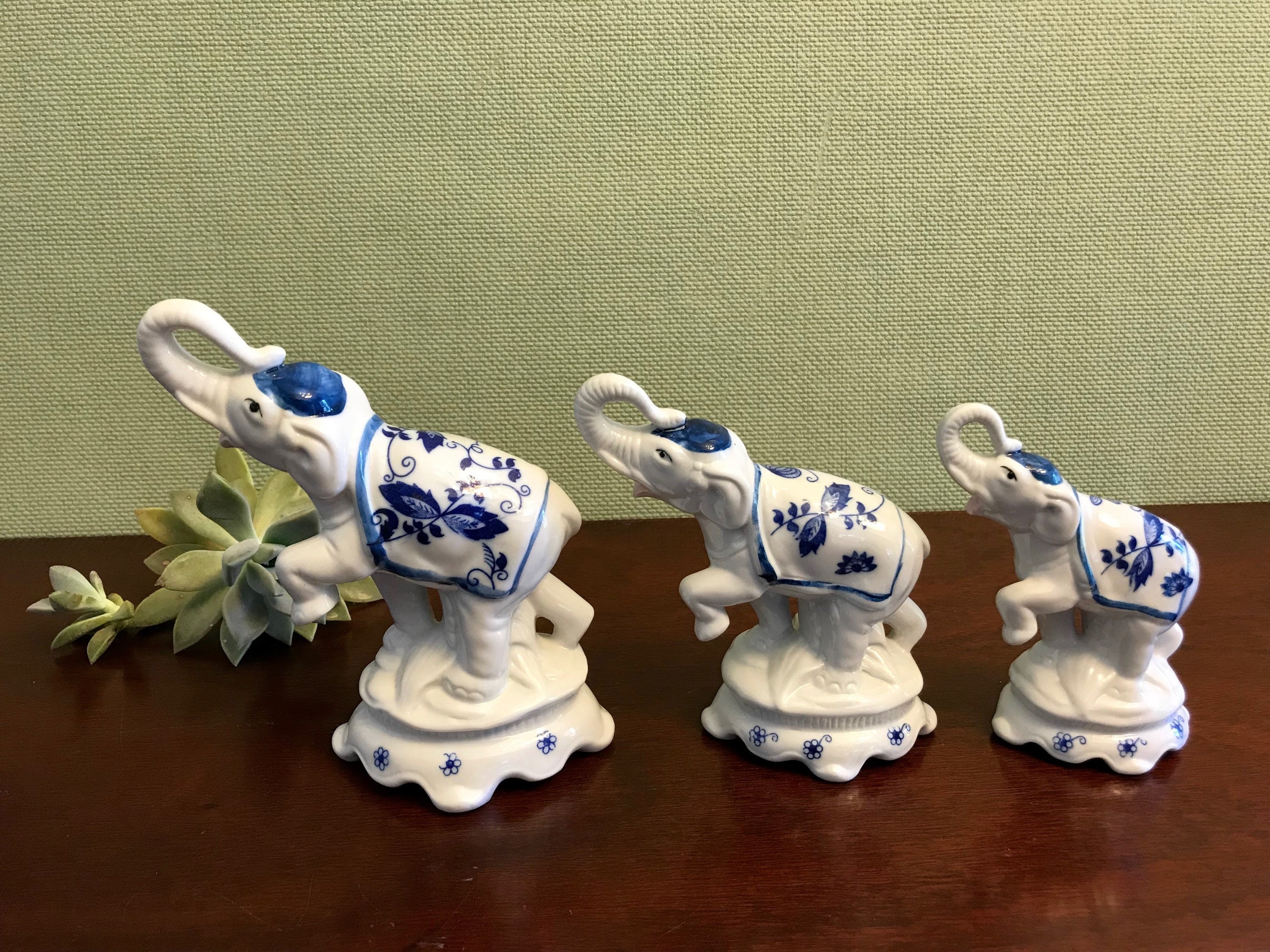 Circus Elephant Figurines, Set of porcelain elephants, Blue onion elephants with Trunks up