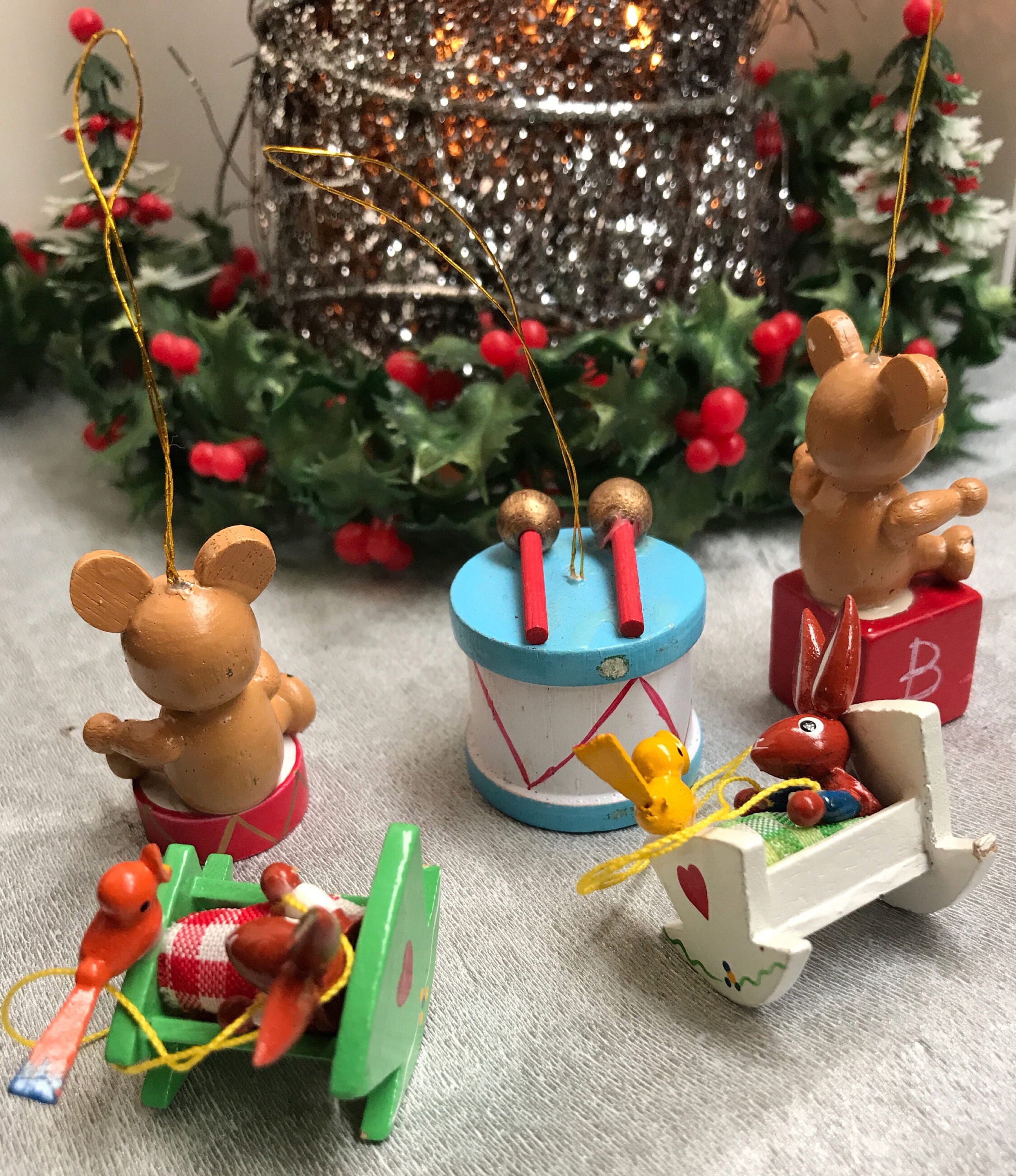 Vintage Wooden Christmas Ornaments, set of miniature toy Christmas