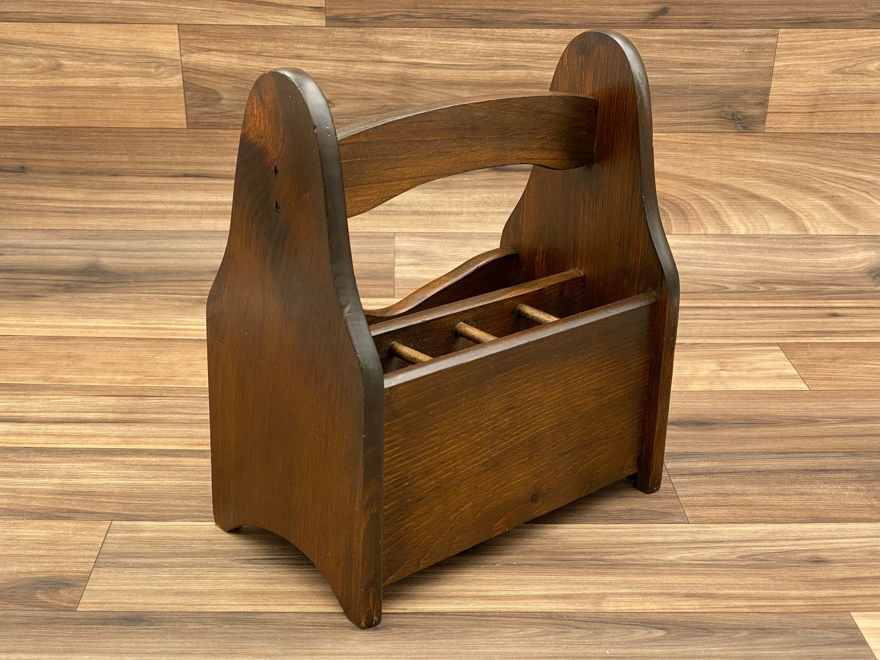 Vintage Flatware caddy, Dark Wood small silverware holder, Utensil