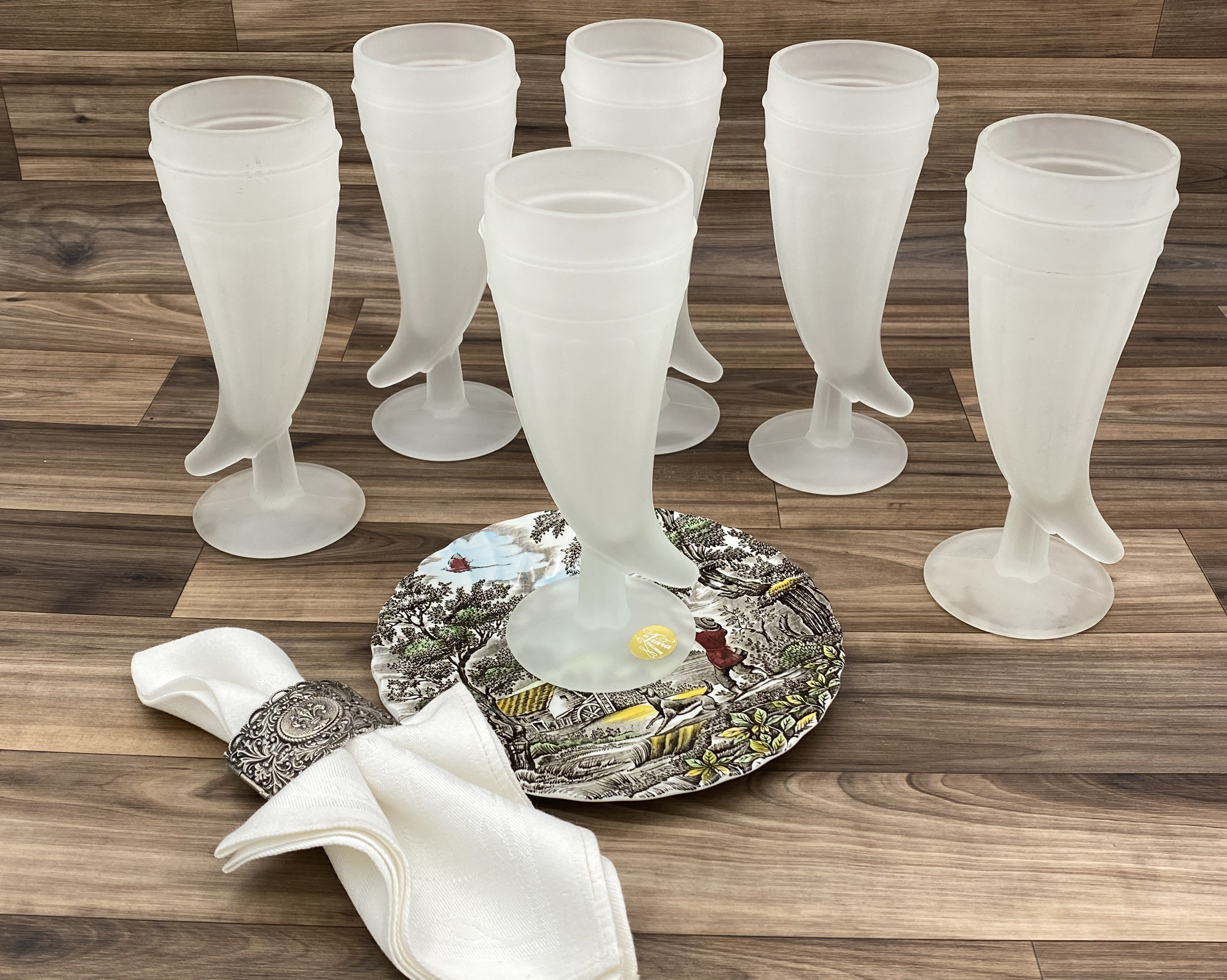 Vintage Powder Horn Glasses, Frosted Glass Horn Shaped by Tiara, Set Of 6, Gift for Him, Man