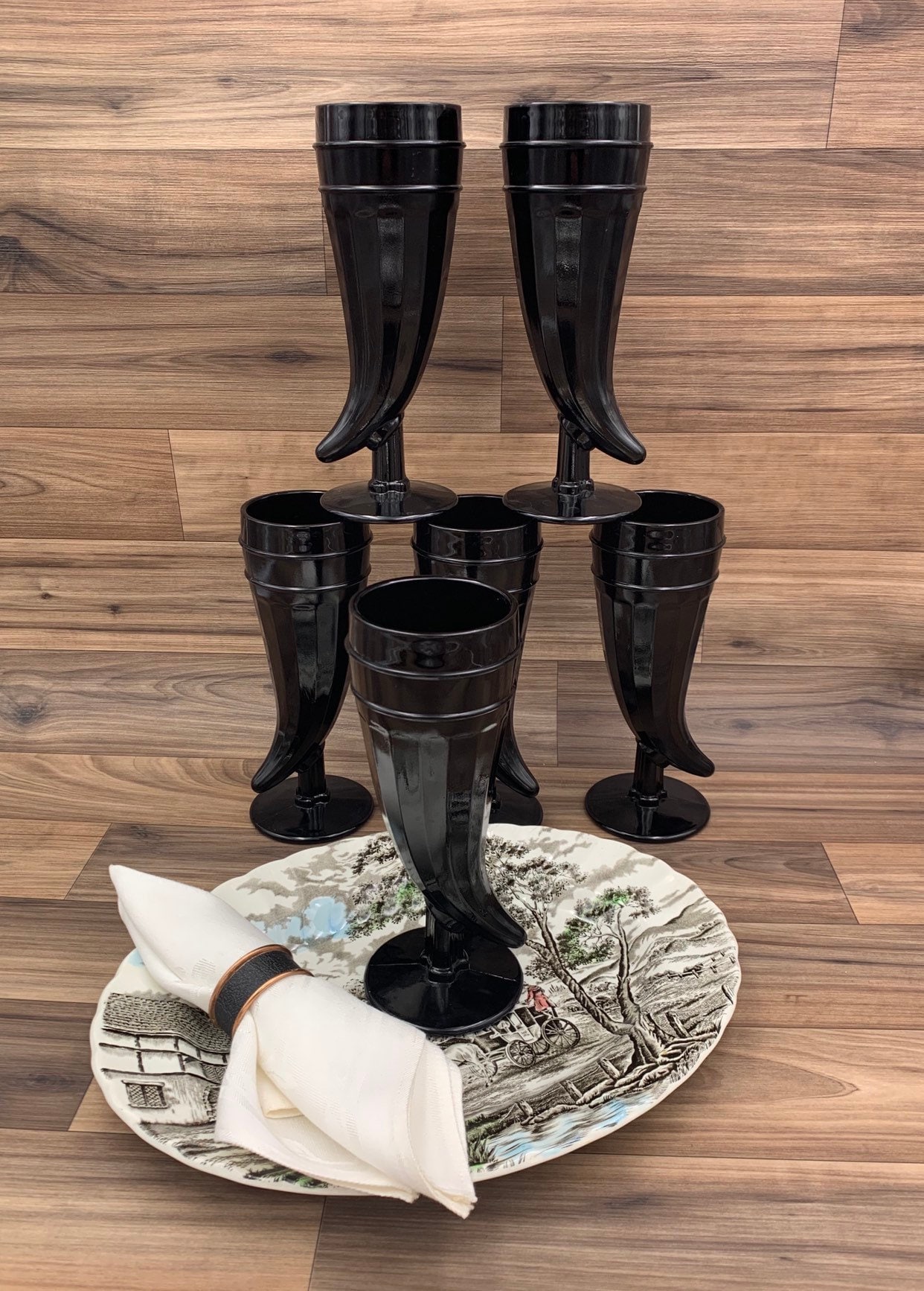 Vintage Powder Horn Glasses, Black Glass Horn Shaped by Tiara, Set Of 6, Gift for Him