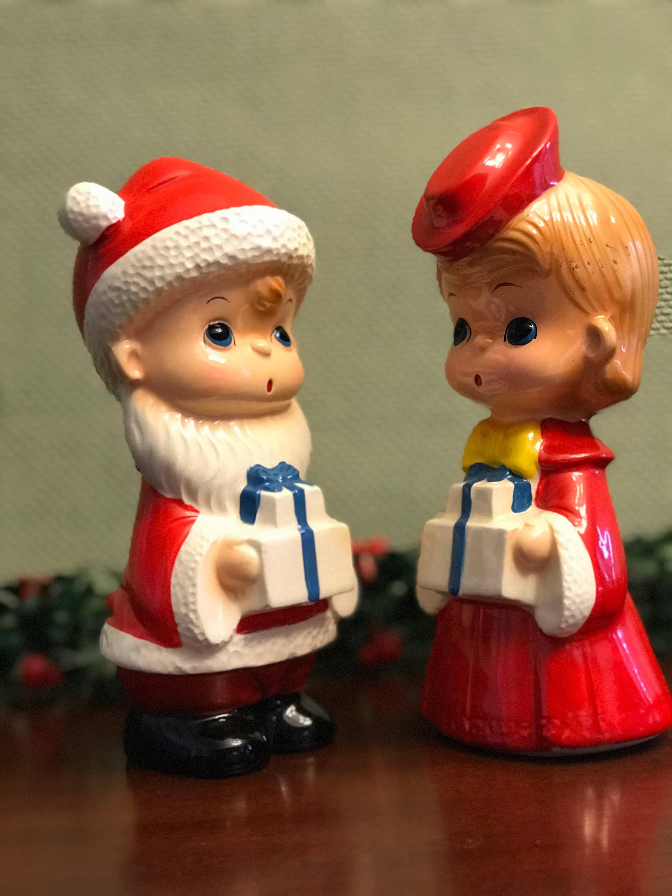 Vintage Christmas Figurines, Little Boy and Girl figurines with gifts